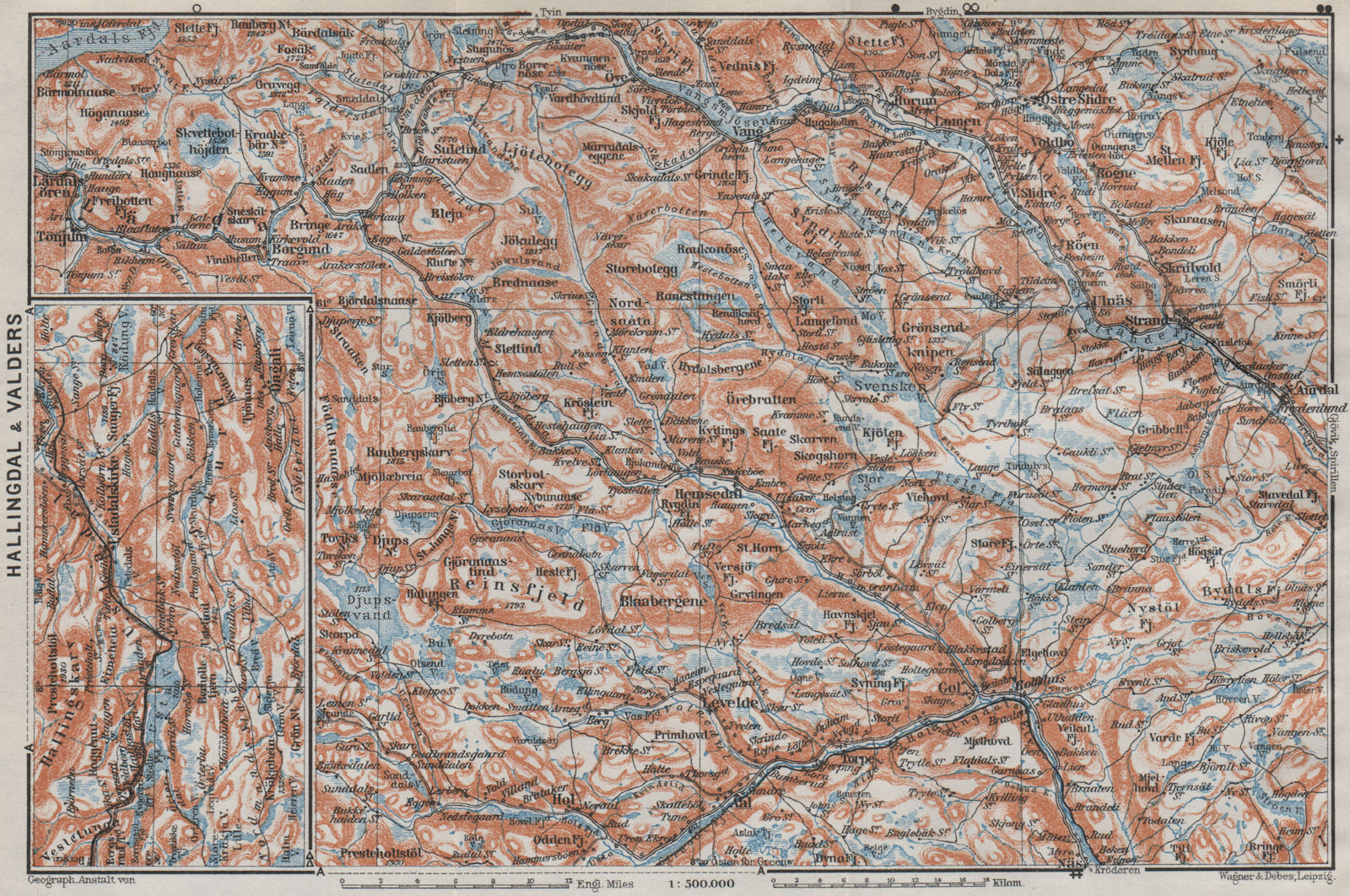 Associate Product HALLINGDAL & VALDRES. Hemsedal Fagernes Aurdal. Topo-map. Norway kart 1909