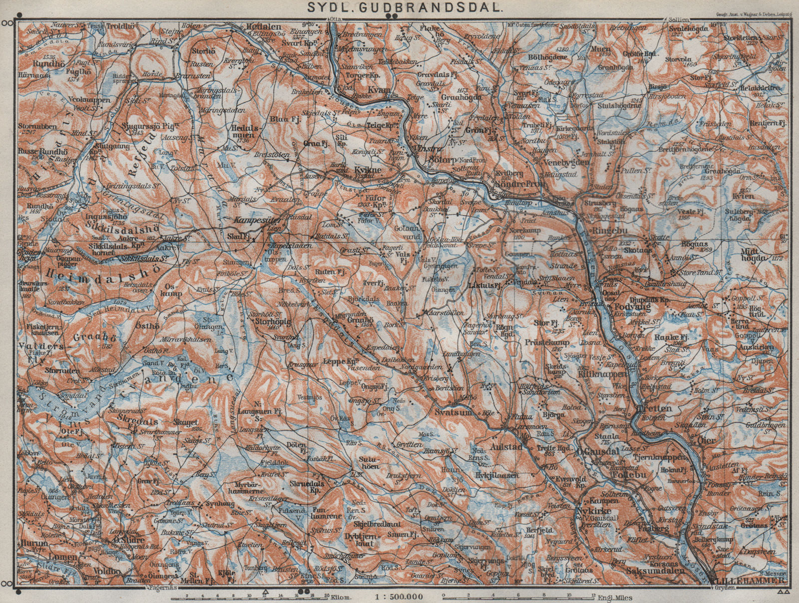 Associate Product SOUTH GUDBRANDSDAL. Sydl. Lillehammer Favang. Topo-map. Norway kart 1909