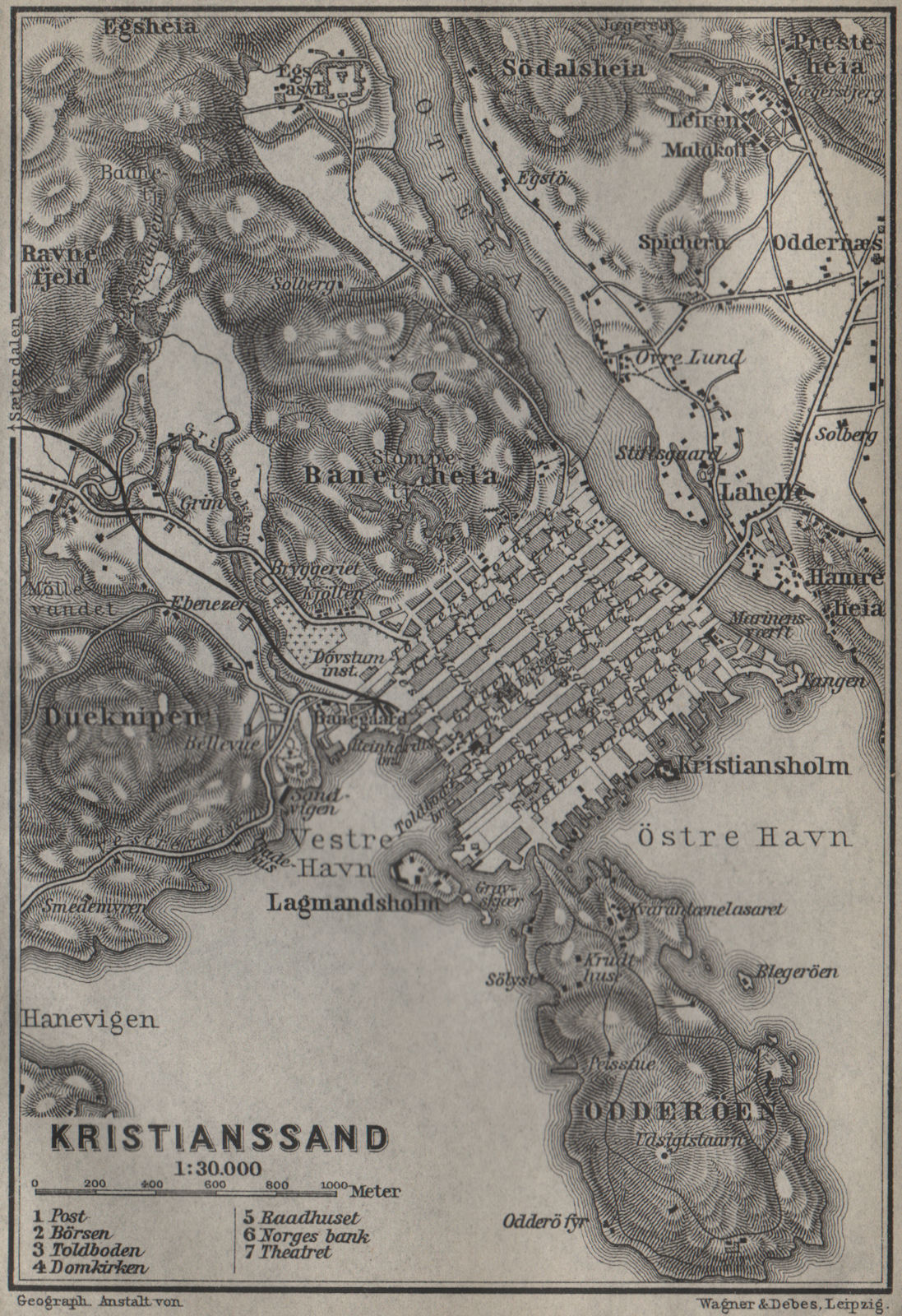 KRISTIANSAND antique town city byplan. Norway kart. BAEDEKER 1912 old map