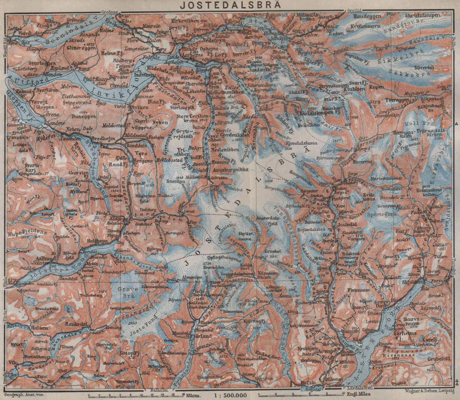 Jostedalsbreen Glacier. Stryn Alhus Re Olden Loen. Topo-map. Norway 1912