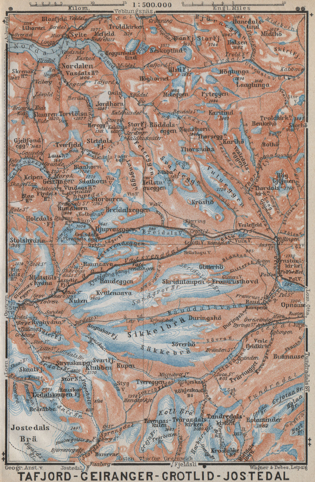 Associate Product Geiranger Polfos Tafjord Jostedal Grotli Topo-map. Norway kart 1912 old