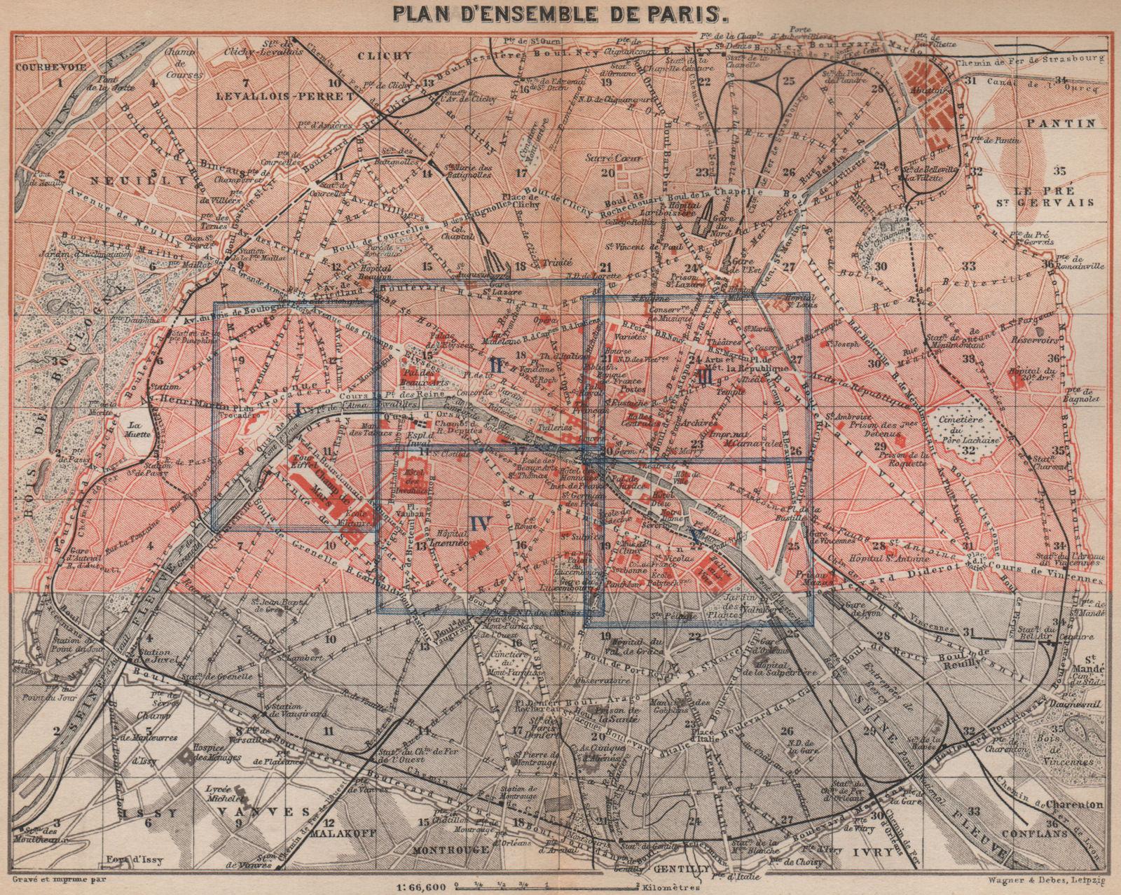 PARIS town city plan de la ville showing city walls. Railways carte 1898 map