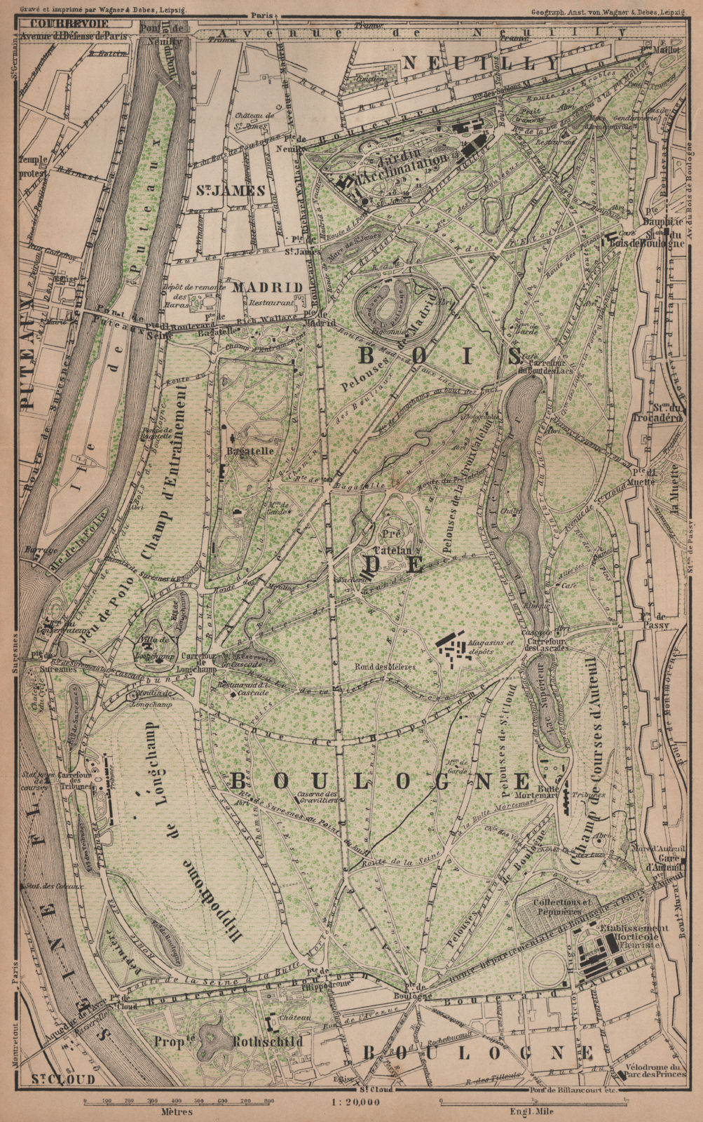 BOIS DE BOULOGNE plan. Paris Neuilly Longchamp Jardin d'Acclimatation 1900 map