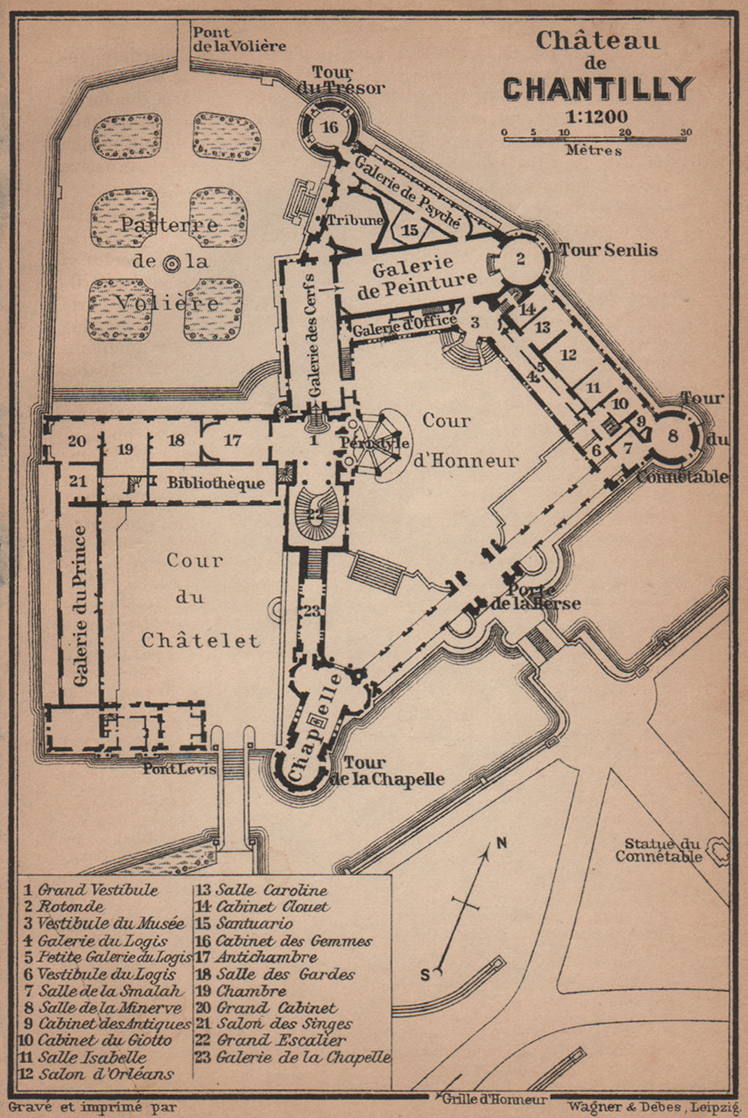 CHÂTEAU DE CHANTILLY floor plan. Oise carte. BAEDEKER 1900 old antique map