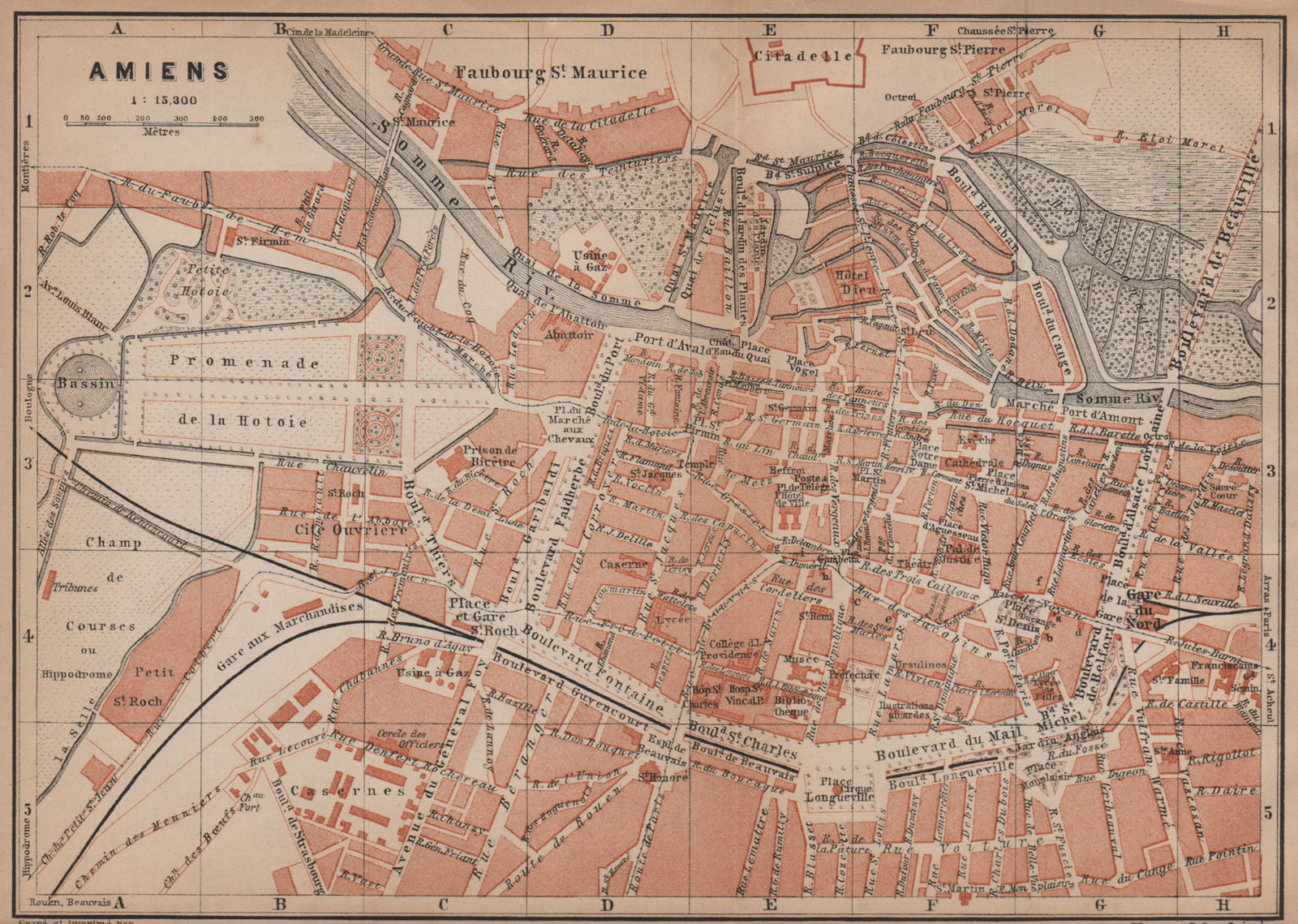 AMIENS antique town city plan de la ville BAEDEKER 1905 old map Somme carte 