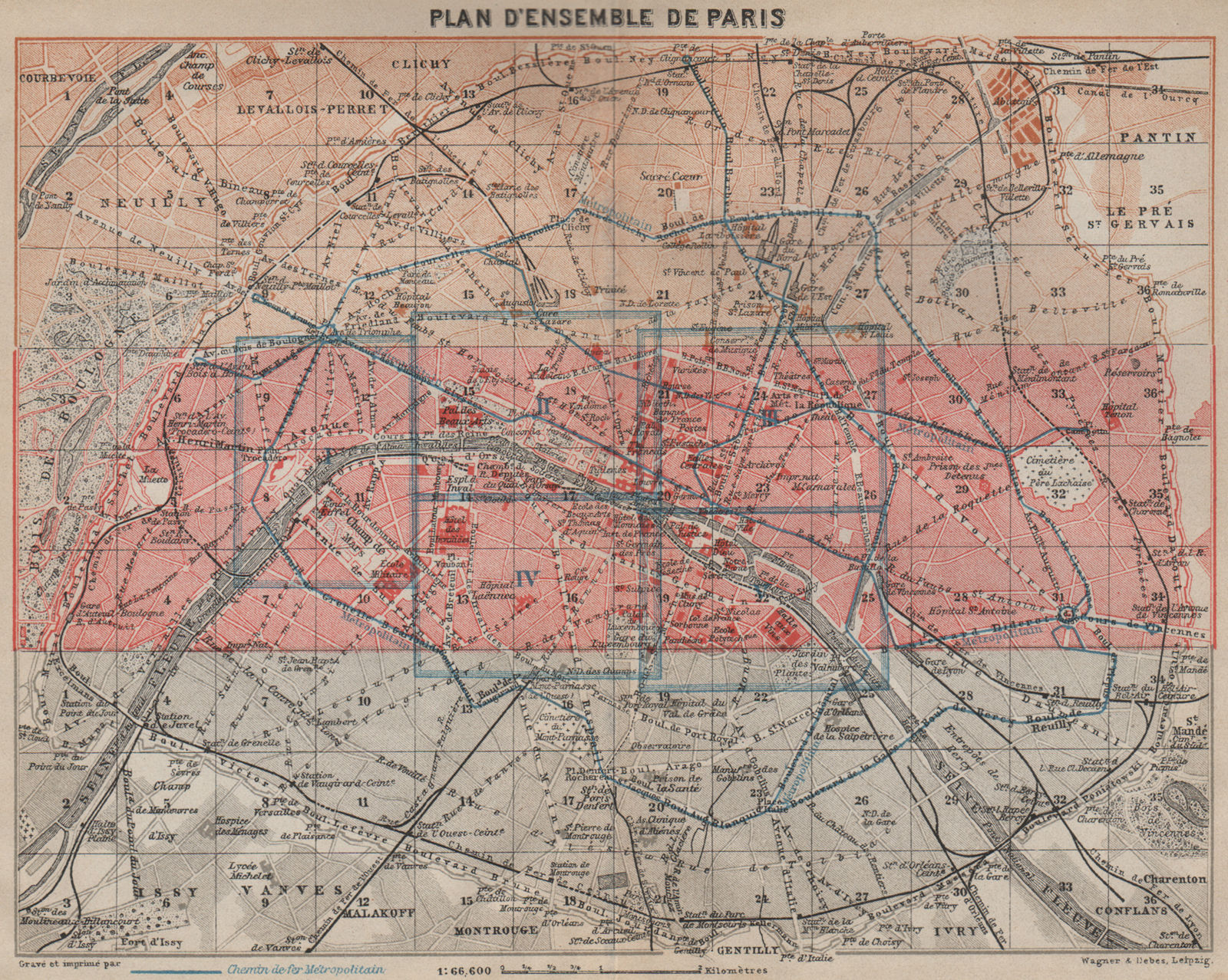 PARIS town city plan de la ville showing city walls. Railways carte 1907 map