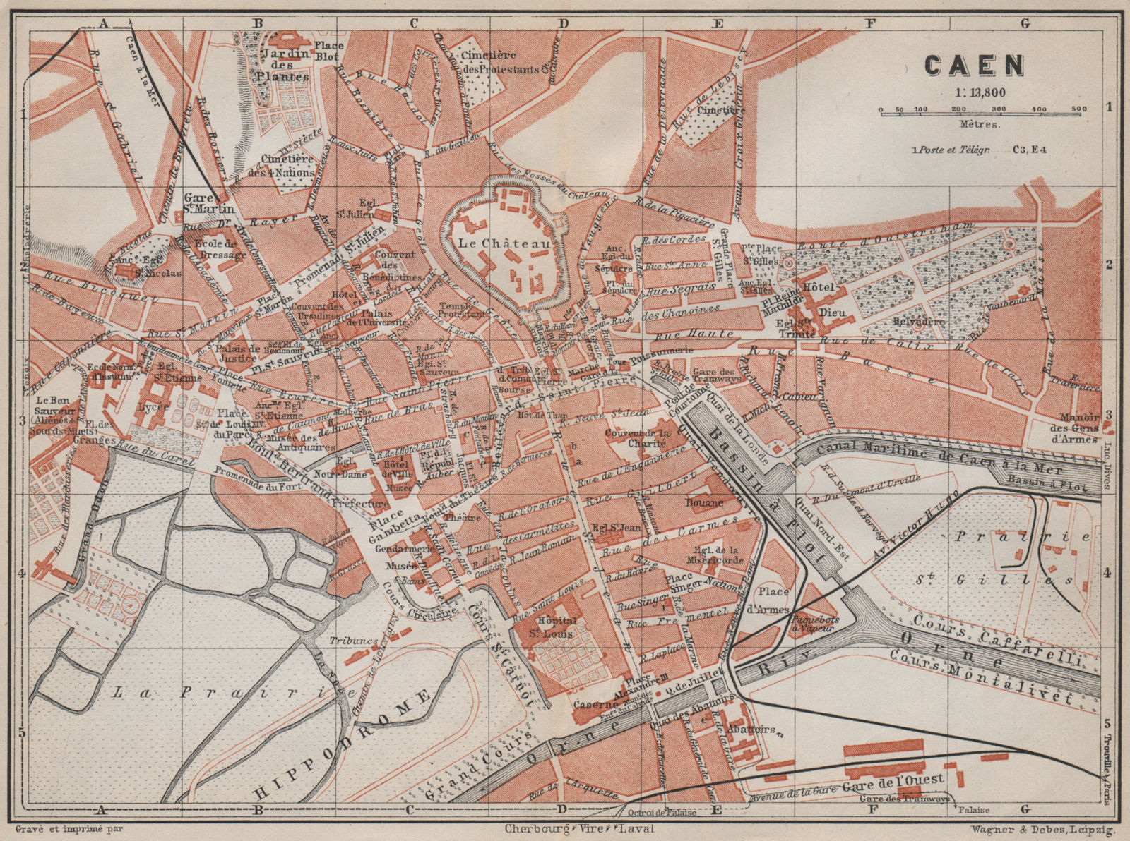 CAEN antique town city plan de la ville. Calvados carte. BAEDEKER 1910 old map