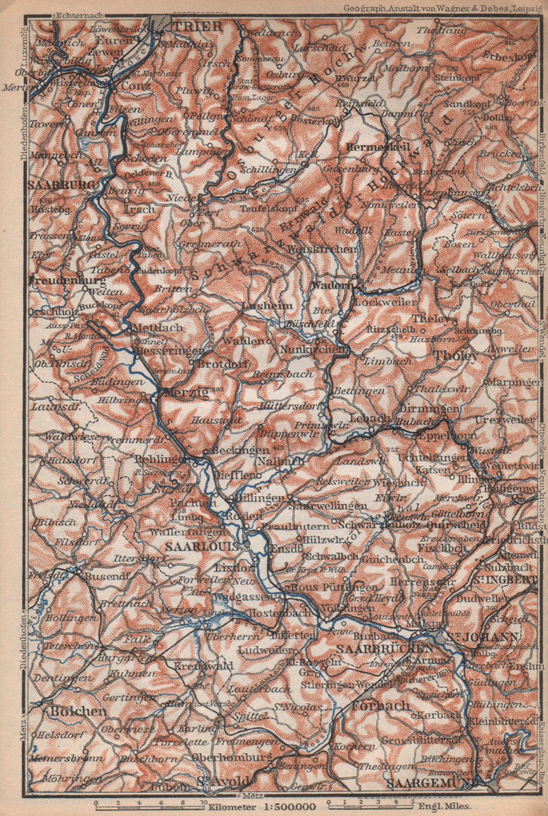 SAAR SARRE RIVER VALLEY. Trier Saarbruckem Saarlouis Saarburg karte 1896 map