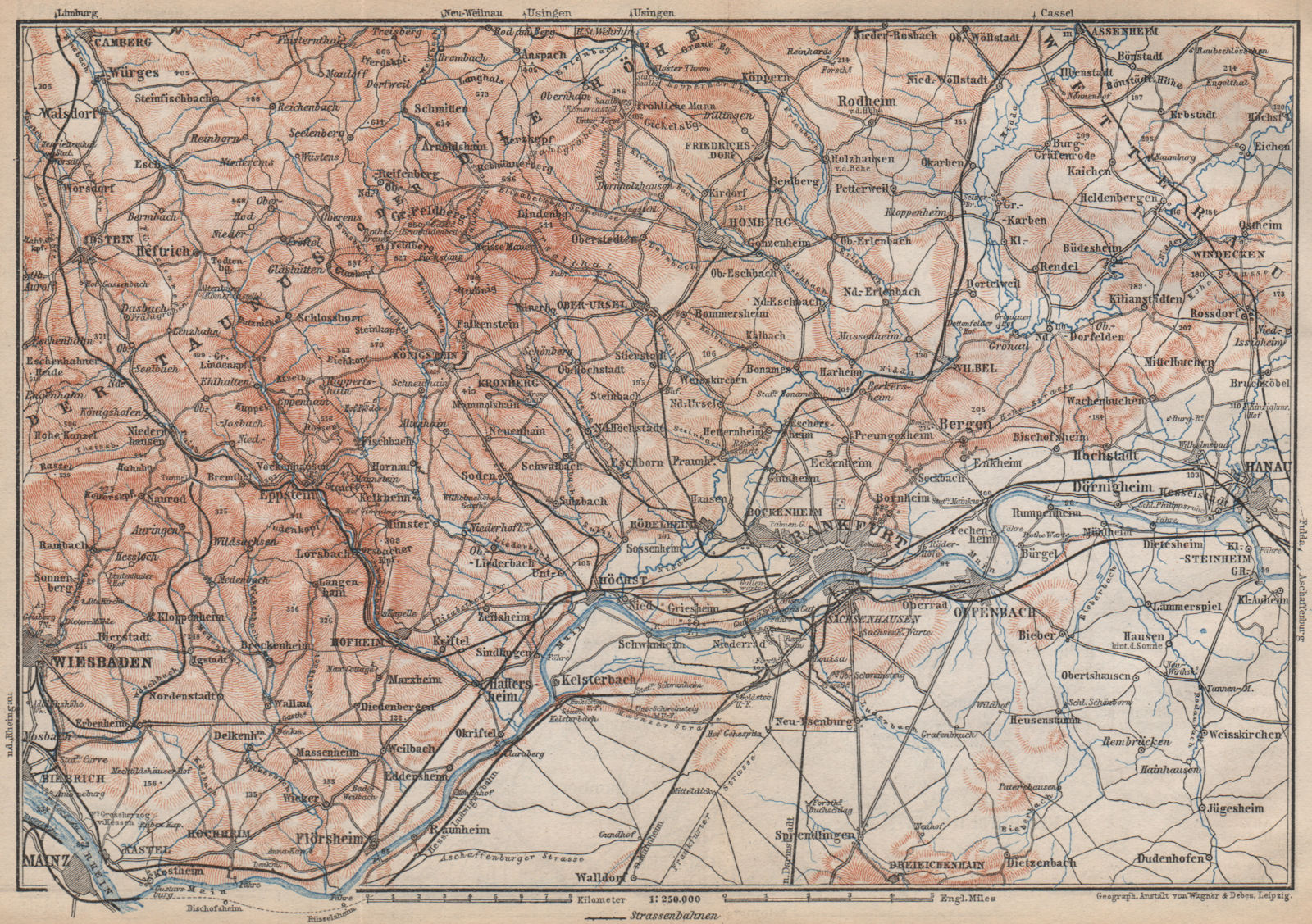 Associate Product TAUNUS Mountains. Wiesbaden Frankfurt am Main Hanau. Deutschland karte 1896 map