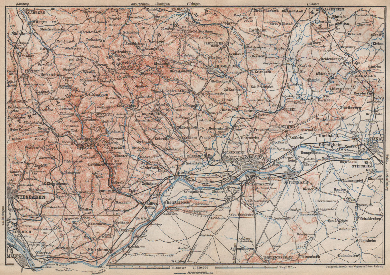 TAUNUS Mountains. Wiesbaden Frankfurt am Main Hanau. Deutschland karte 1896 map