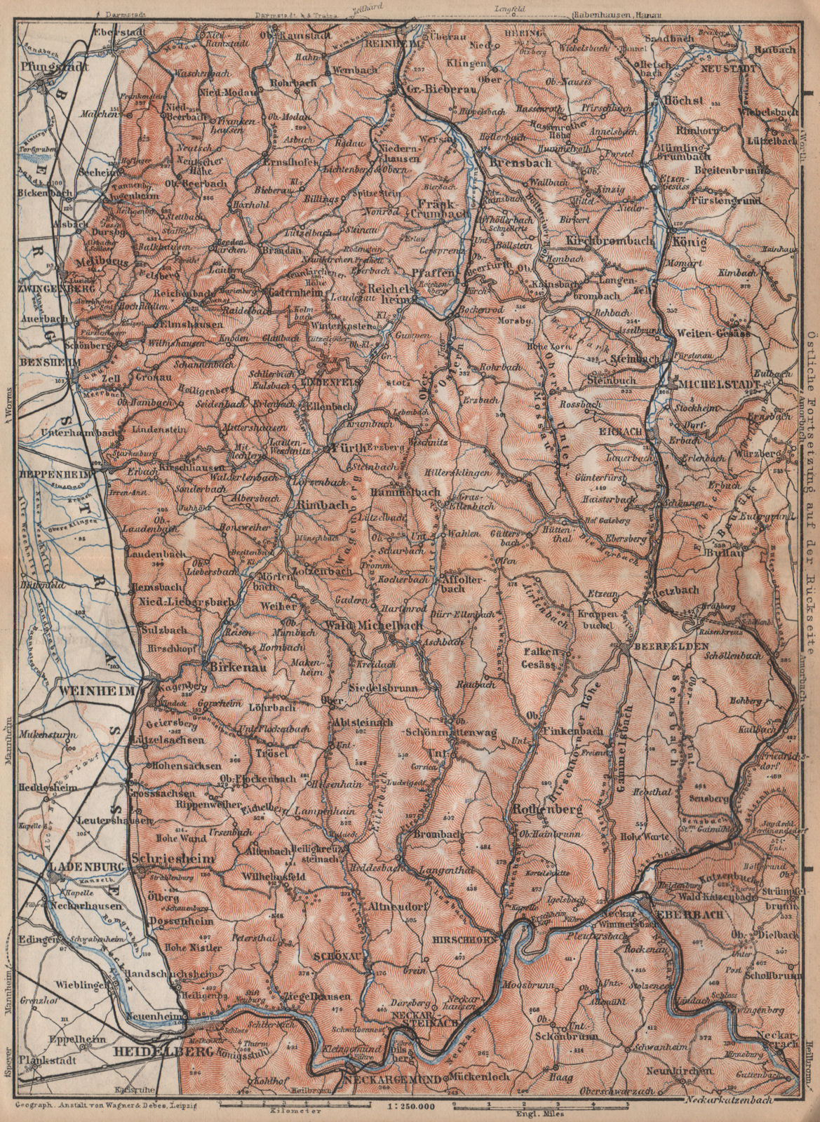 WEST ODENWALD topo-map. Heidelberg Weinheim Eberbach Zwingenberg karte 1896