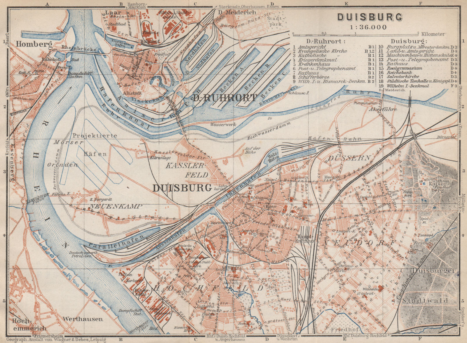 DUISBURG & RUHRORT town city stadtplan Northrhine-Westfalia Ruhrgebiet 1926 map