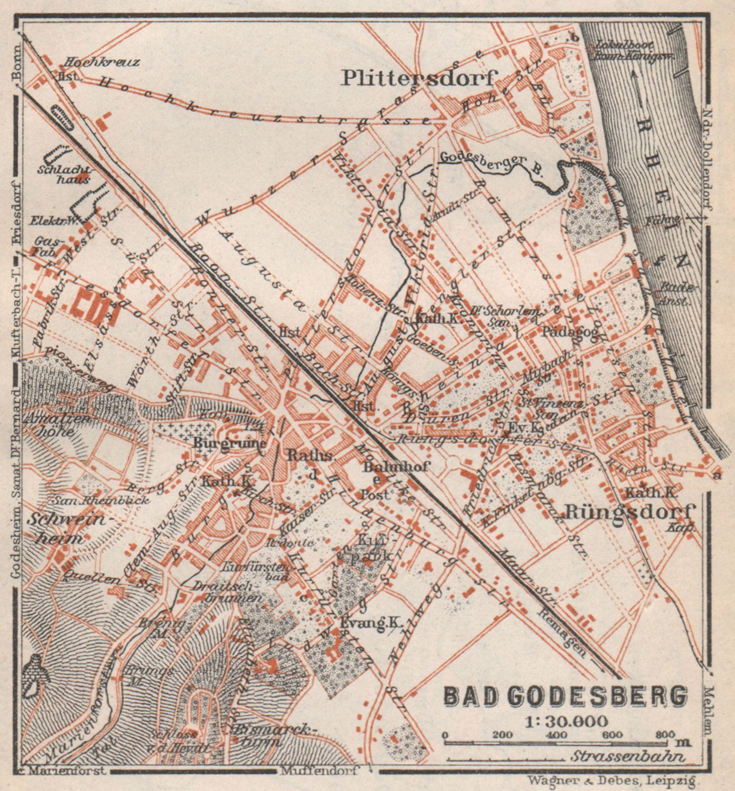 BAD GODESBERG town city stadtplan. Bonn Nordrhein-Westfalen karte.SMALL 1926 map