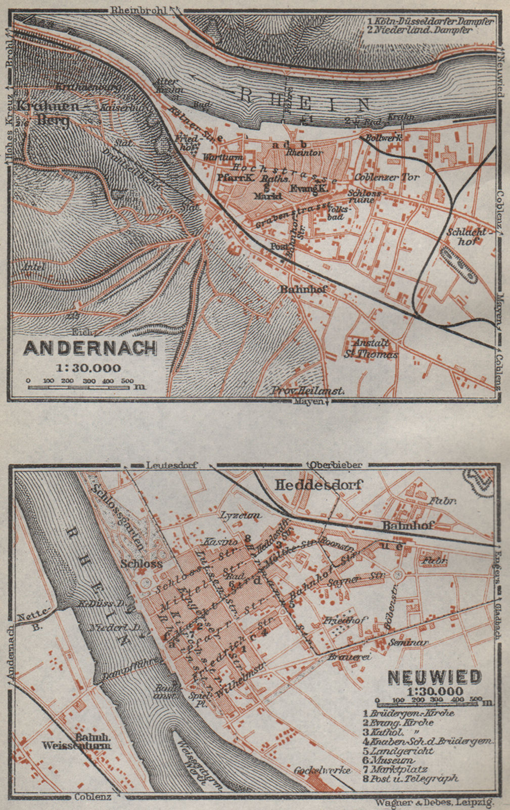 Associate Product ANDERNACH & NEUWIED town city stadtplan. Koblenz Rheinland-Pfalz. SMALL 1926 map