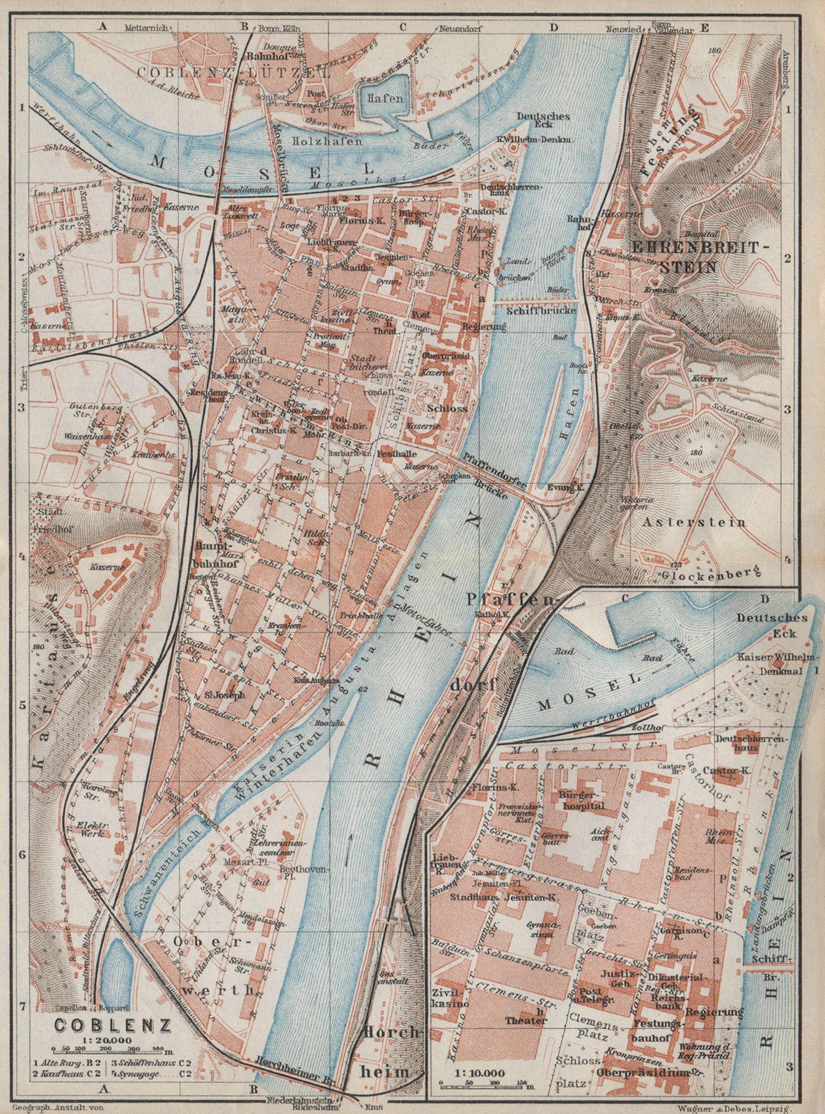 KOBLENZ city stadtplan. Rhineland-Palatinate. Coblenz Ehrenbreitstein 1926 map