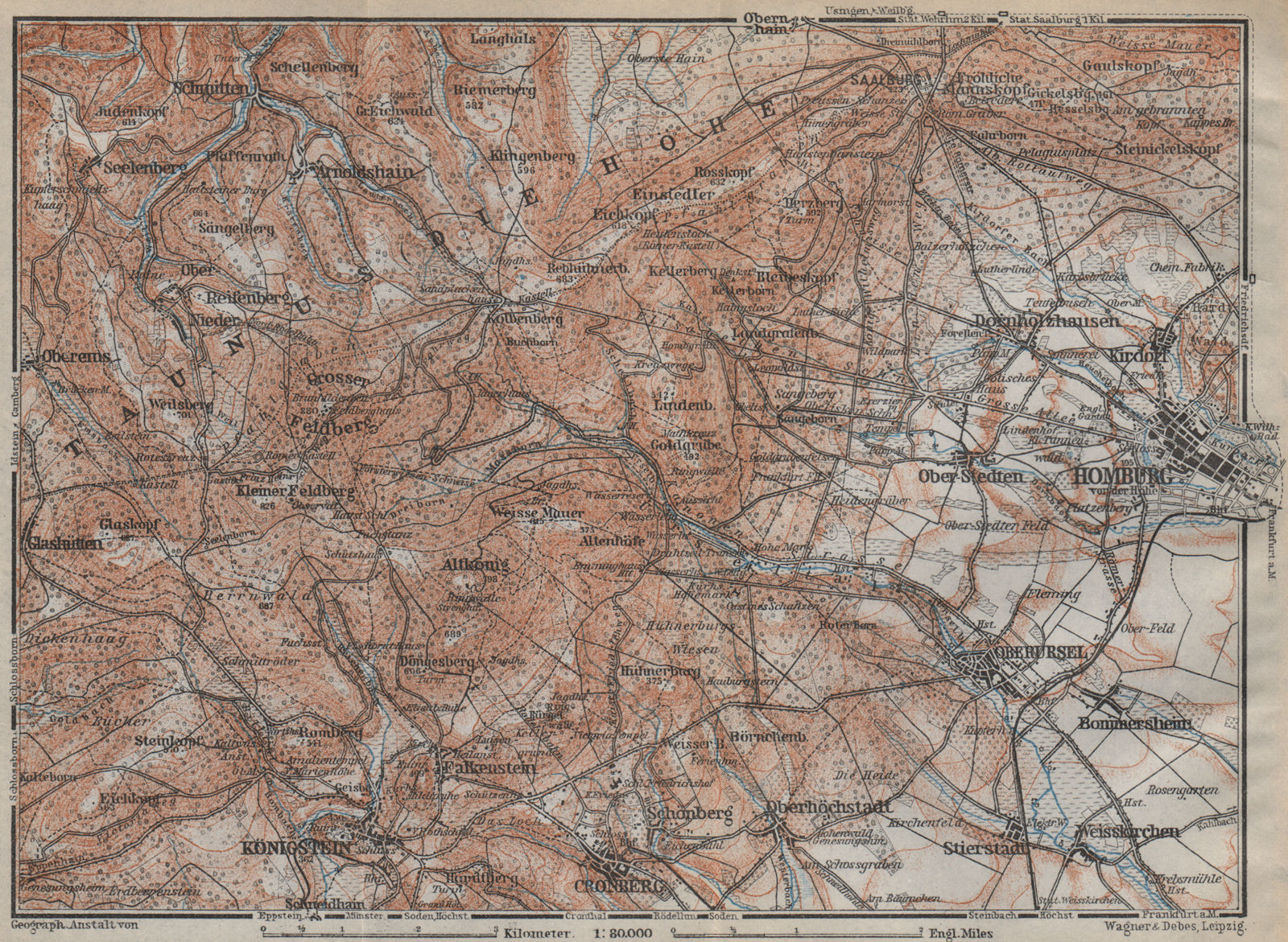 Associate Product TAUNUS & BAD HOMBURG VOR DER HÖHE environs/umgebung. Hessen karte 1926 old map