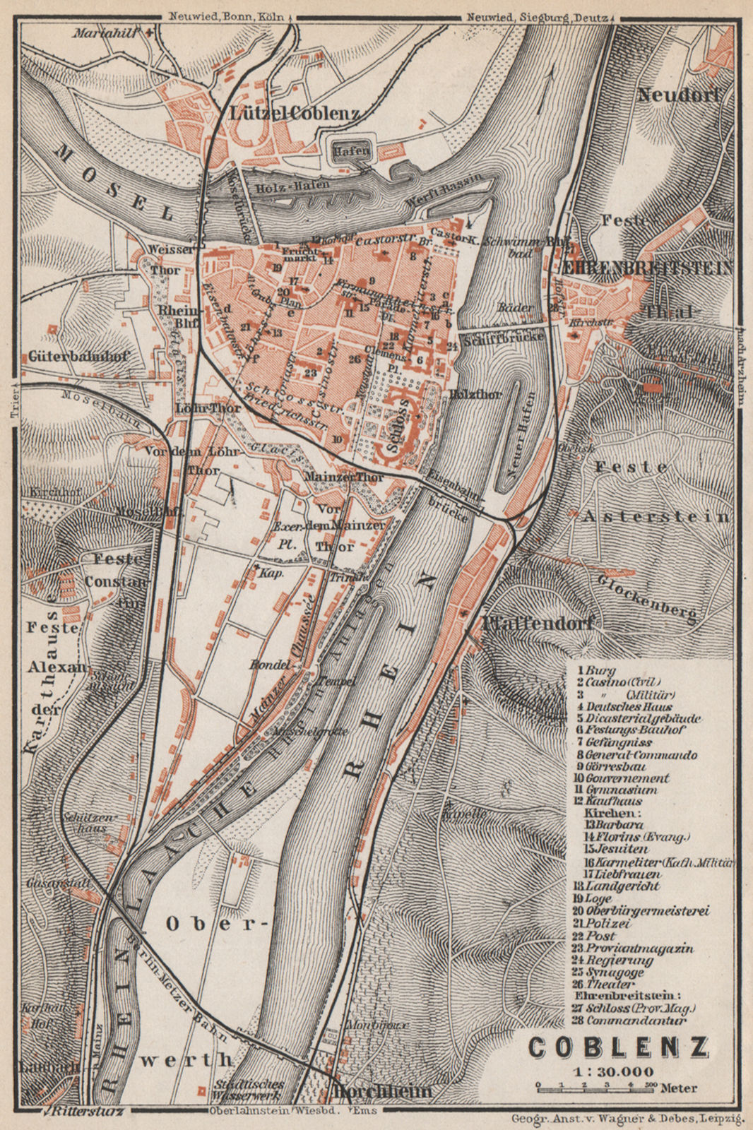Associate Product KOBLENZ city stadtplan. Rhineland-Palatinate. Coblenz Ehrenbreitstein 1889 map