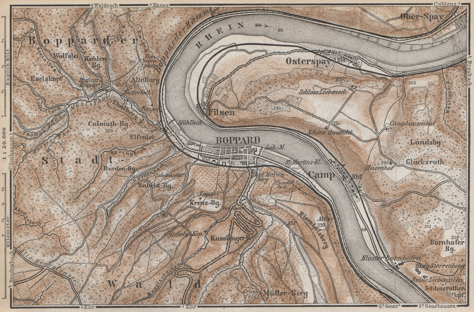 Associate Product BOPPARD & OSTERSPAI. Filsen. Oberes Mittelrheintal. Rhine Gorge karte 1889 map