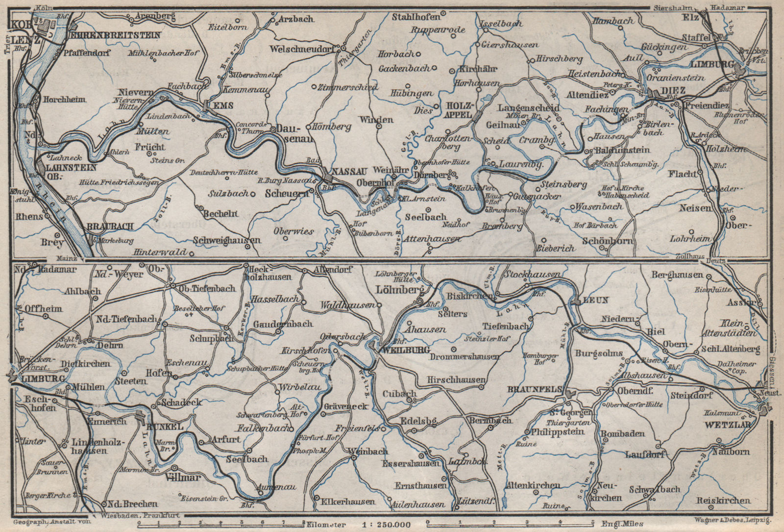 Associate Product LAHNTAL VALLEY. Lahnstein Koblenz Wetzlar Limburg Weilburg Bad Ems 1889 map