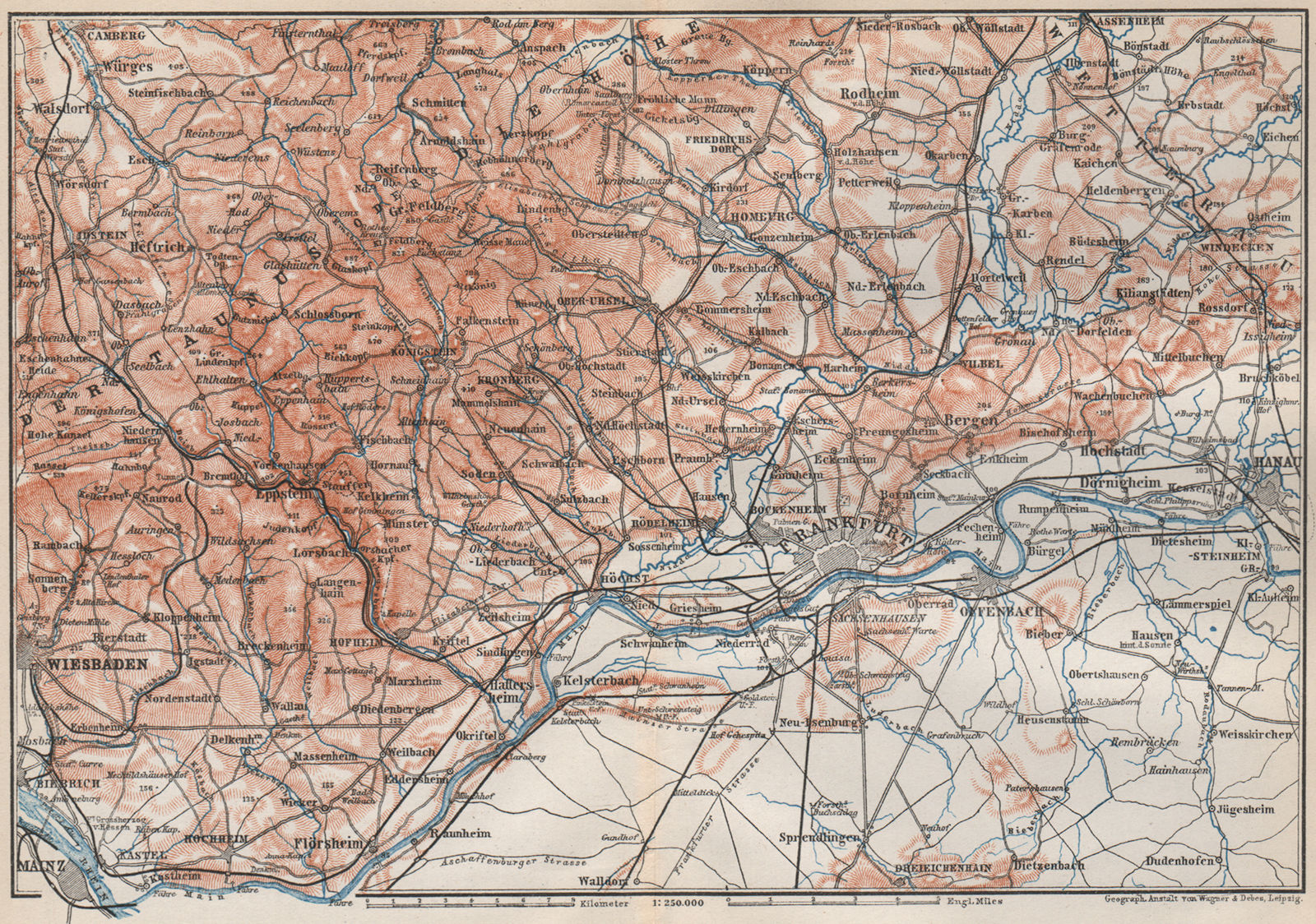Associate Product TAUNUS Mountains. Wiesbaden Frankfurt am Main Hanau. Deutschland karte 1889 map