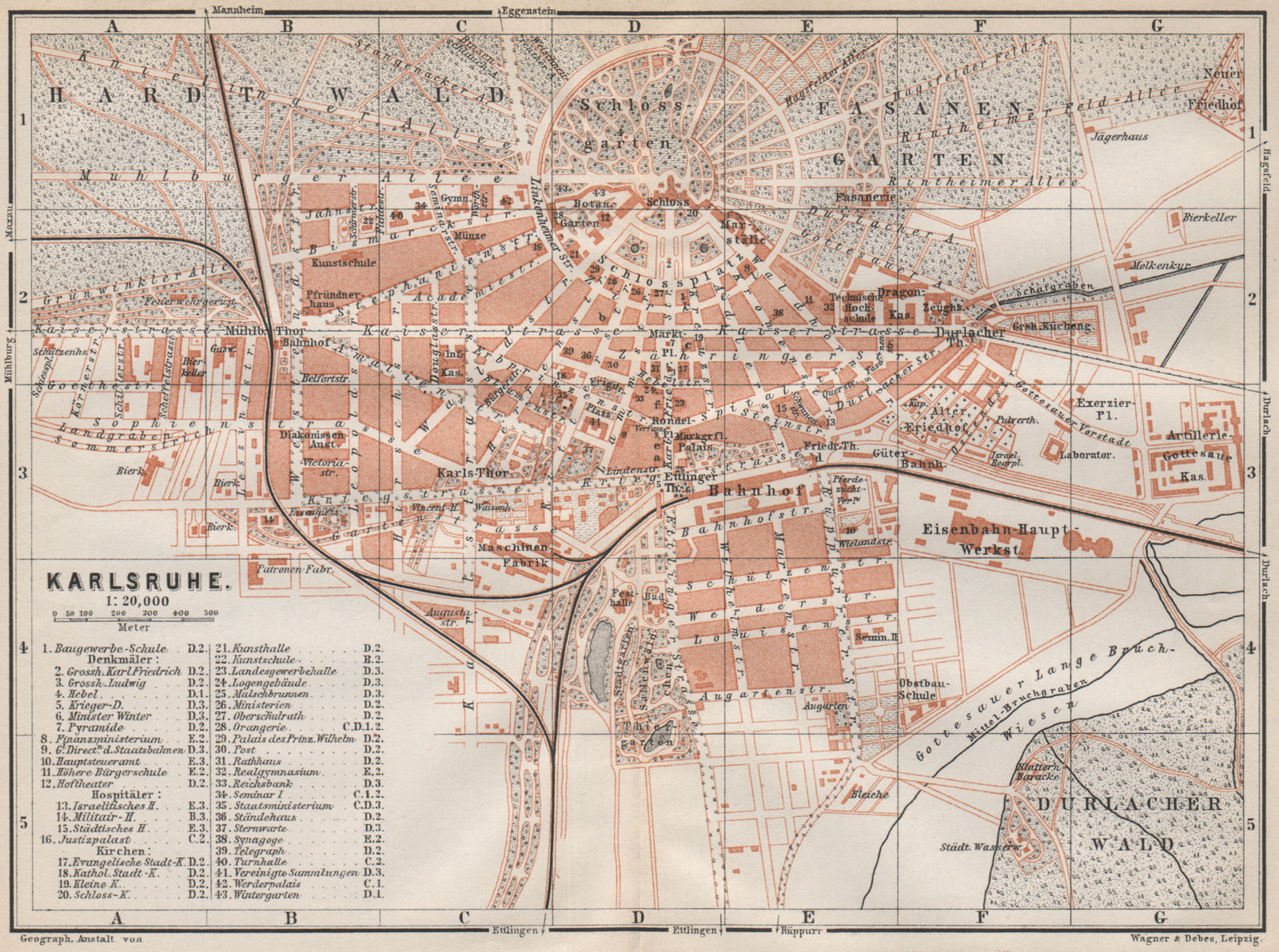 KARLSRUHE antique town city stadtplan. Baden-Württemberg karte 1889 old map
