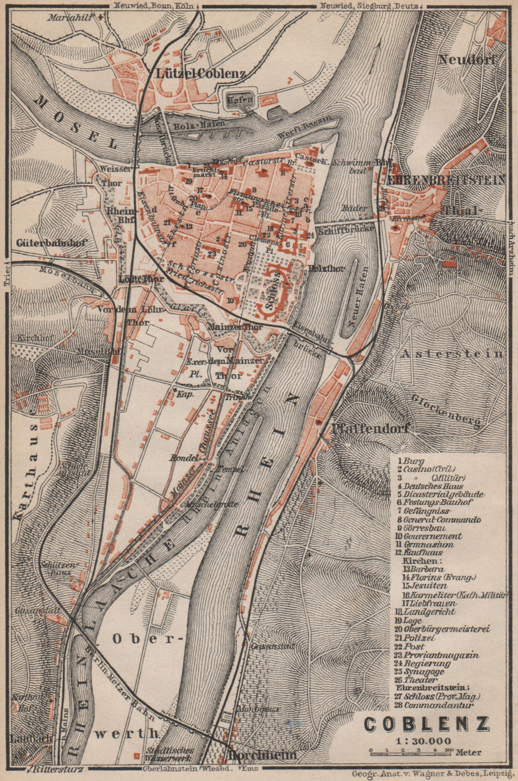 KOBLENZ city stadtplan. Rhineland-Palatinate. Coblenz Ehrenbreitstein 1892 map