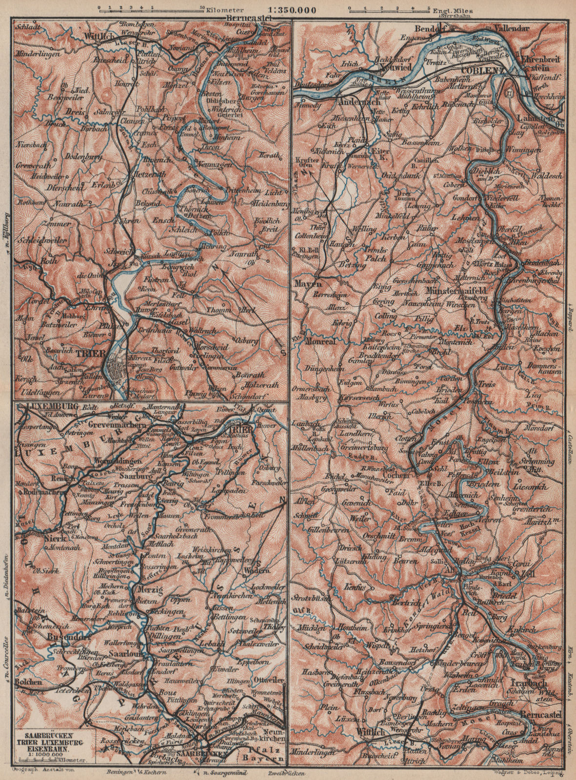 Associate Product MOSEL EISENBAHN. Luxemburg/Saarbrucken-Trier-Koblenz karte. BAEDEKER 1892 map