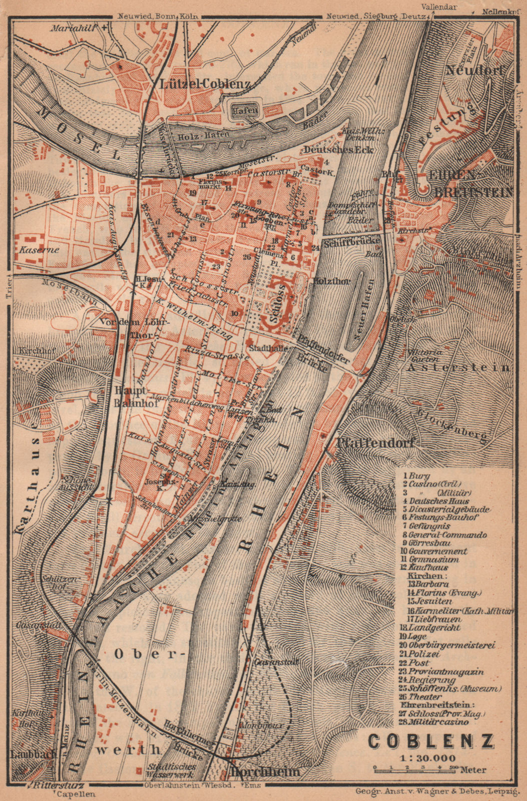 KOBLENZ city stadtplan. Rhineland-Palatinate. Coblenz Ehrenbreitstein 1903 map