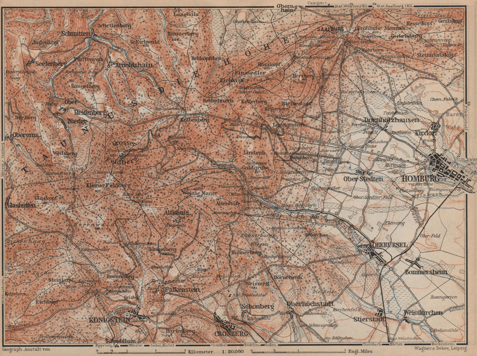 Associate Product TAUNUS & BAD HOMBURG VOR DER HÖHE environs/umgebung. Hessen karte 1903 old map
