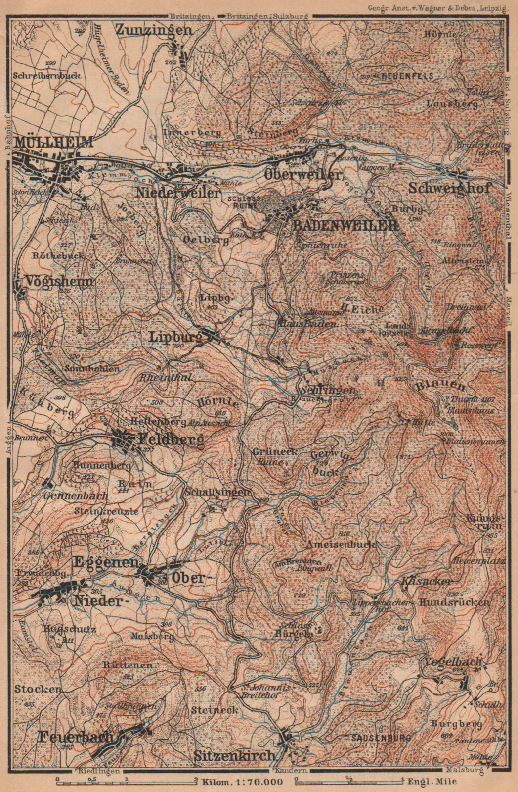 BADENWEILER environs. Müllheim Markgräflerland Blauen Schwarzwald 1903 old map