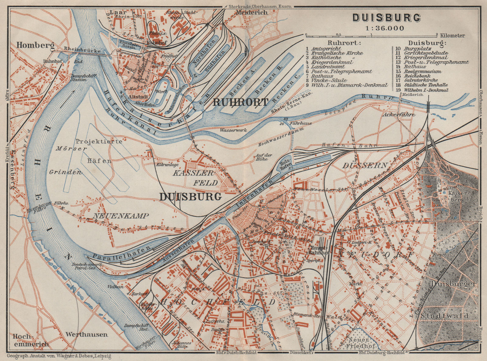 DUISBURG & RUHRORT town city stadtplan Northrhine-Westfalia Ruhrgebiet 1906 map