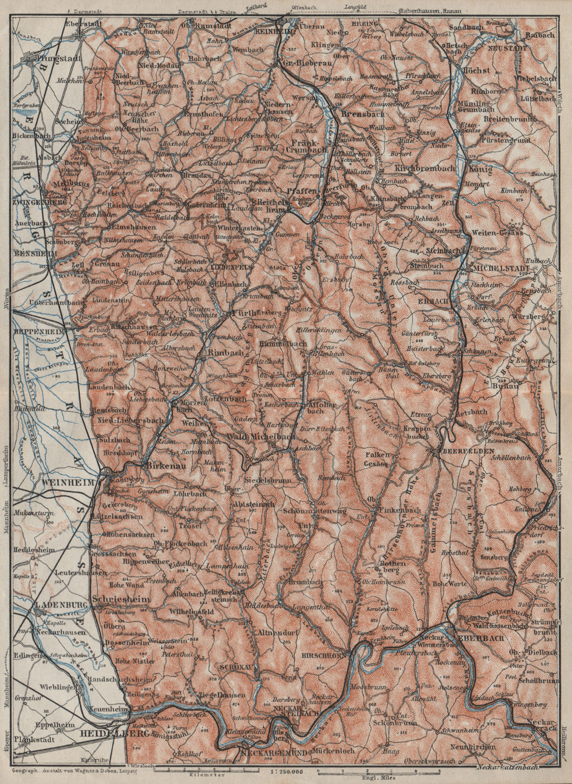 Associate Product WEST ODENWALD topo-map. Heidelberg Weinheim Eberbach Zwingenberg karte 1906