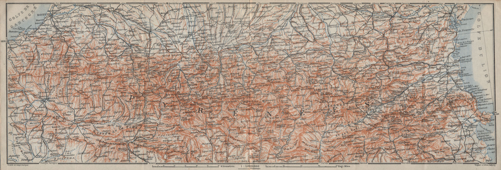 Associate Product THE PYRENEES. Bayonne Pamplona Tarbes Perpignan Narbonne. Pyrénées 1914 map