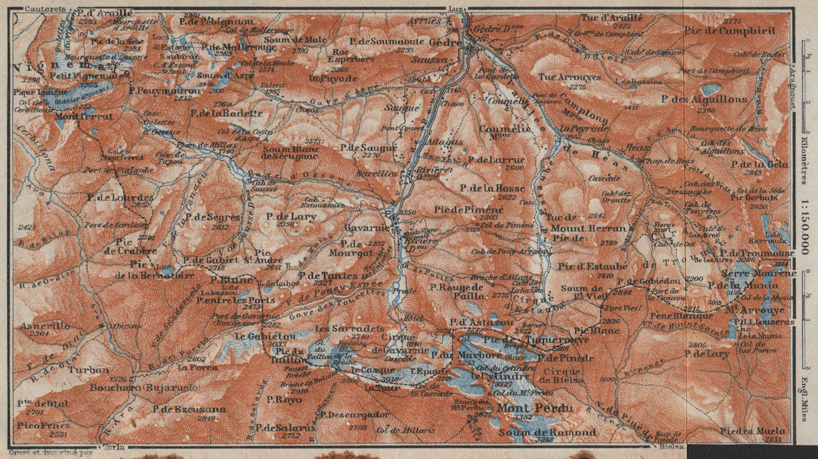 CIRQUE DE GAVARNIE & MONT PERDU topo-map Monte Perdido Hautes-Pyrénées 1914
