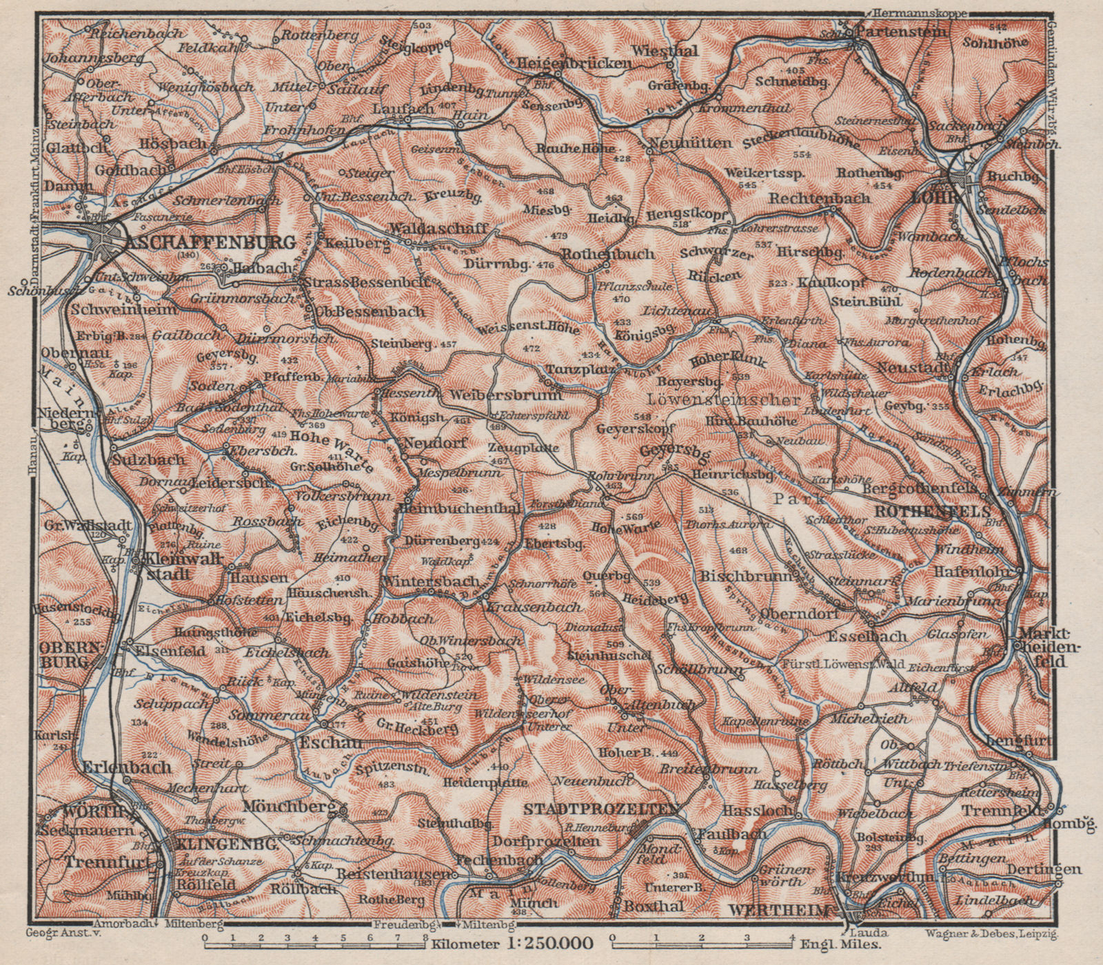 SPESSART topo-map. Aschaffenburg Lohr am Main Zertheim Geiersberg 1895 old