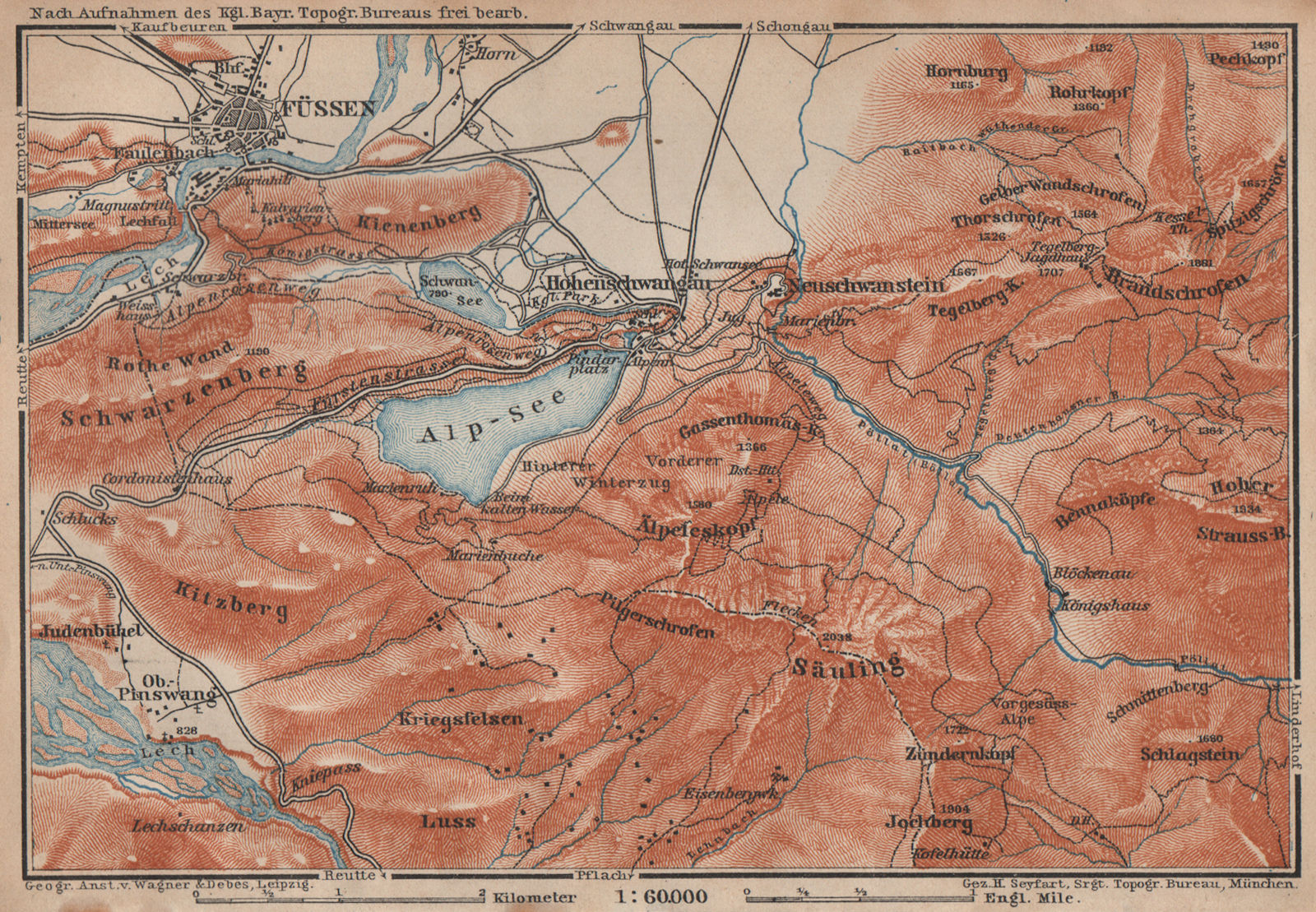 Associate Product HOHENSCHWANGAU  & FÜSSEN environs. Alpsee Deutschland Österreich karte 1902 map