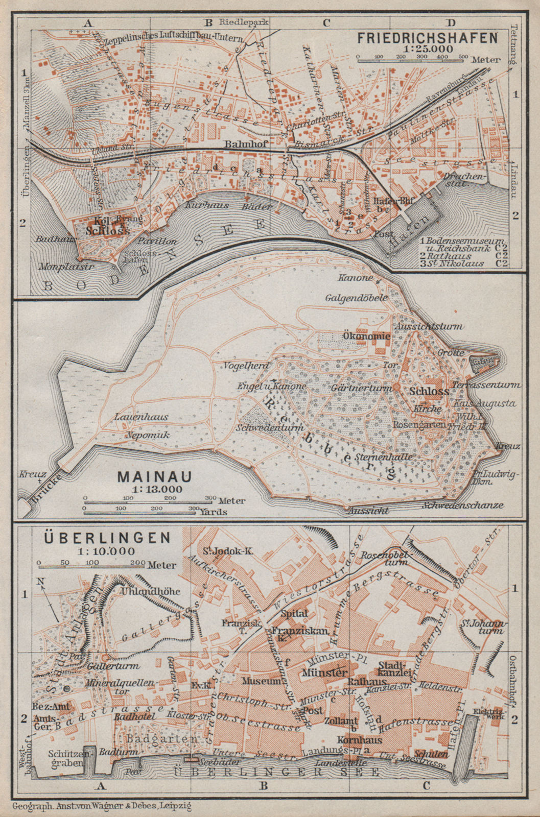BODENSEE LAKE CONSTANCE Friedrichshafen Mainau Überlingen stadtplan 1910 map