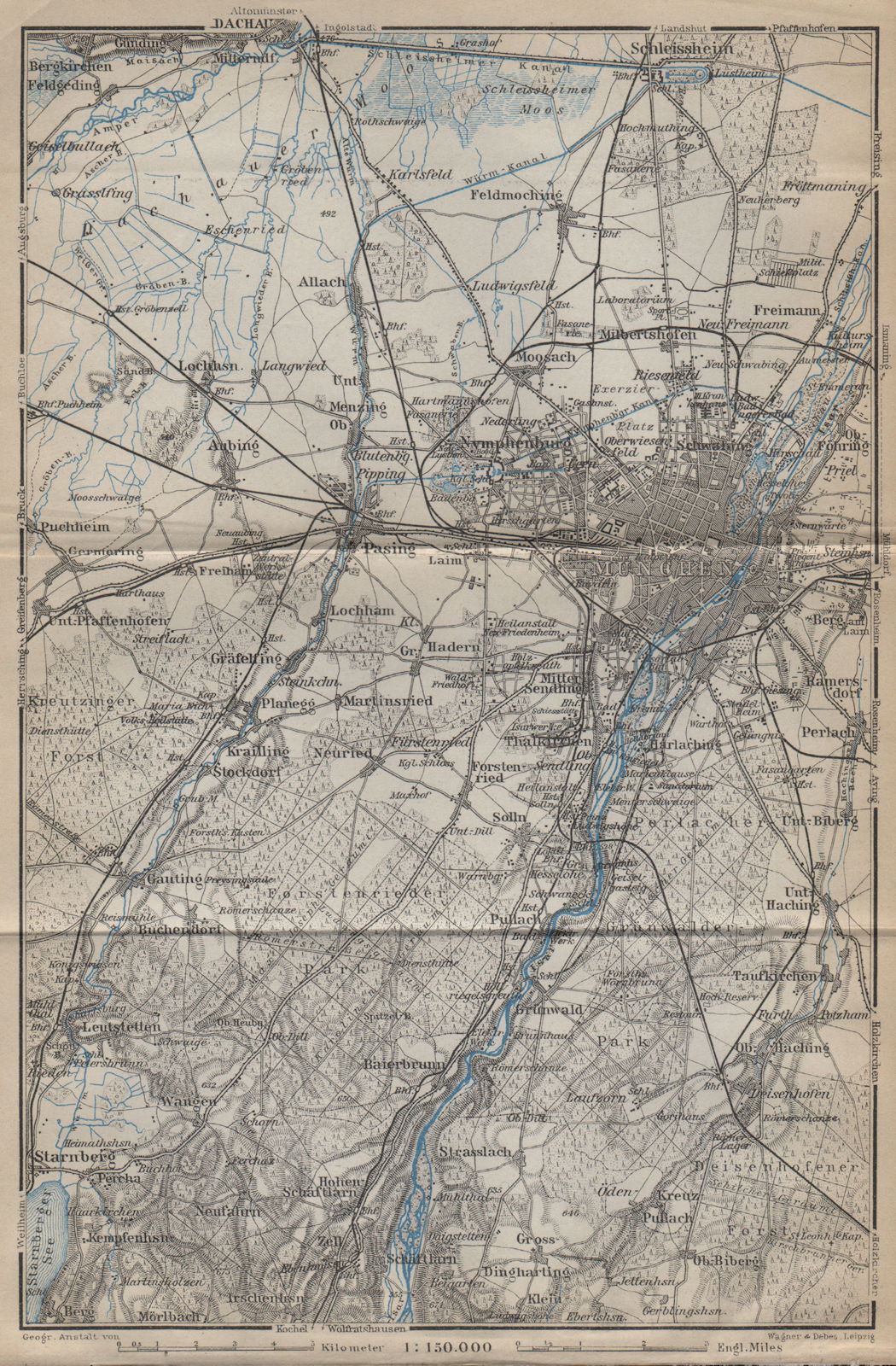Associate Product MÜNCHEN MUNICH environs/umgebung. Pasing Dachau. Forstenrieder Baier 1914 map