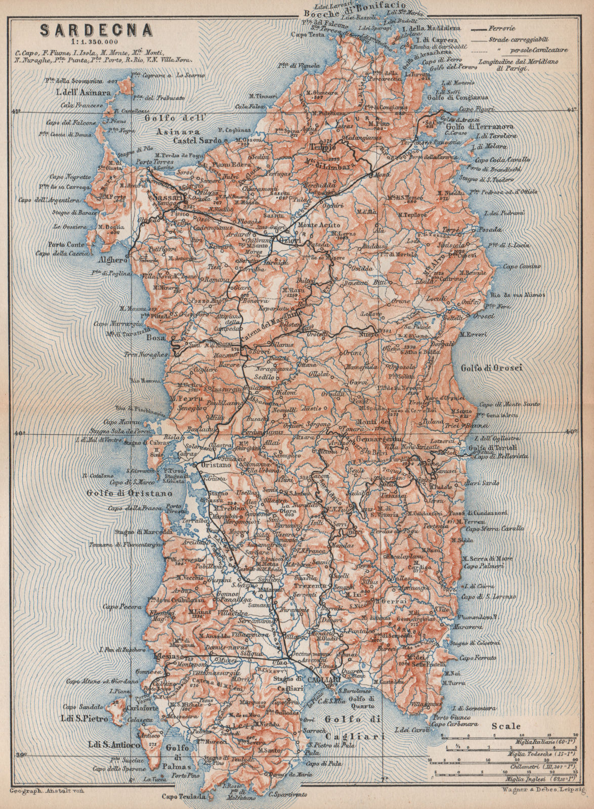 SARDINIA SARDEGNA. Italy mappa. BAEDEKER 1896 old antique plan chart