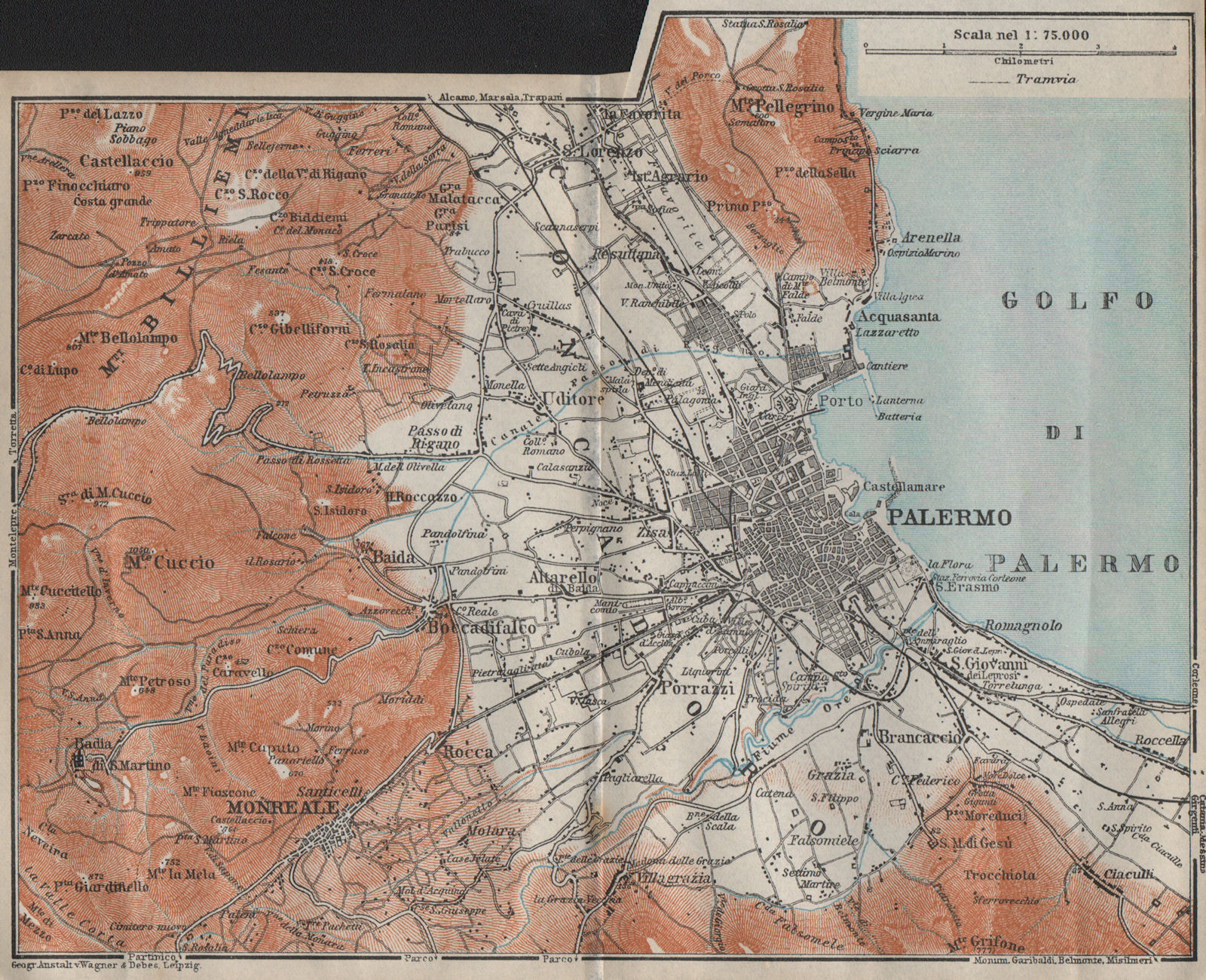 PALERMO environs. La Conca d'Oro. Italy mappa. BAEDEKER 1912 old antique