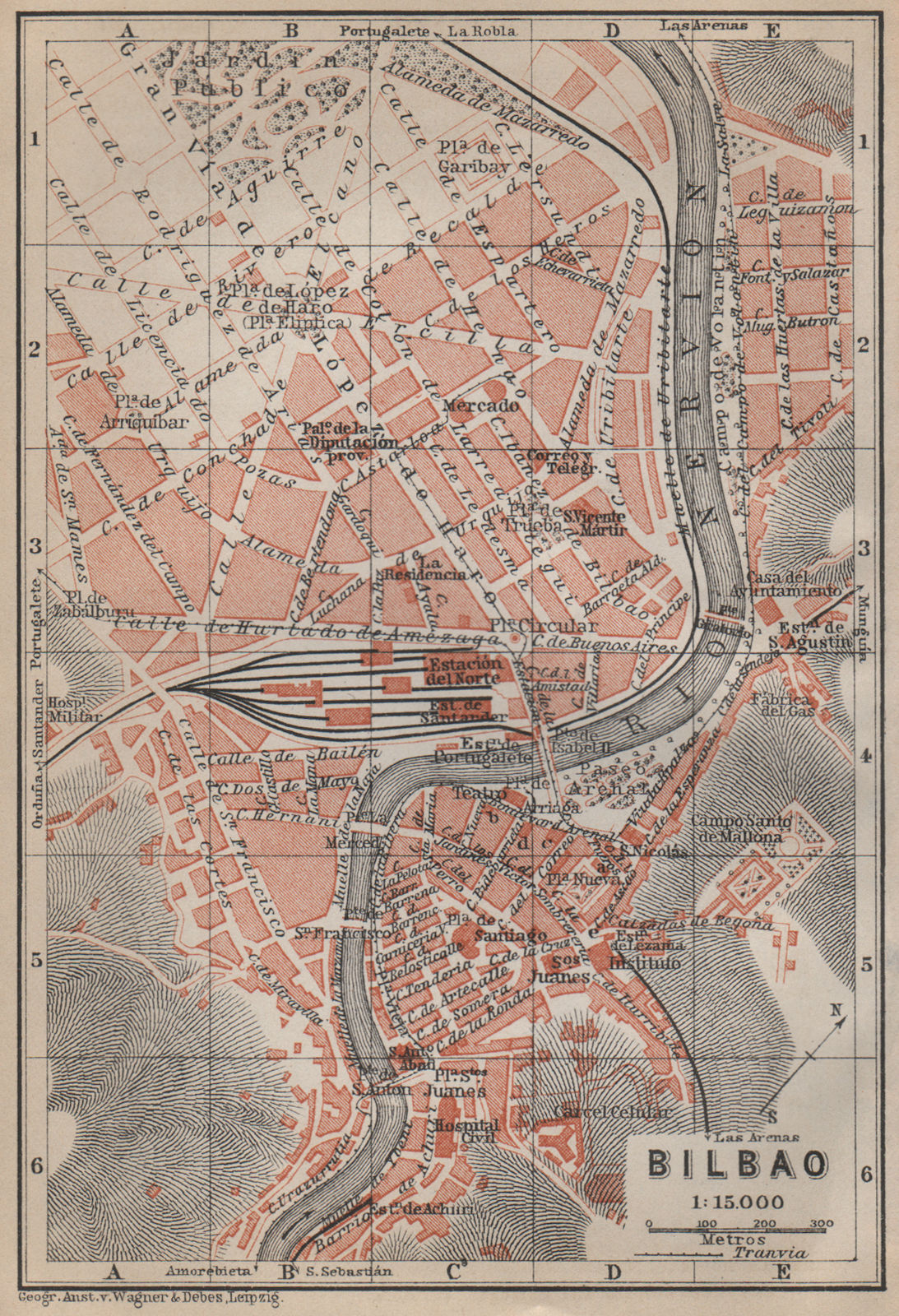 BILBAO antique town city ciudad plan. Spain España mapa. BAEDEKER 1913 old