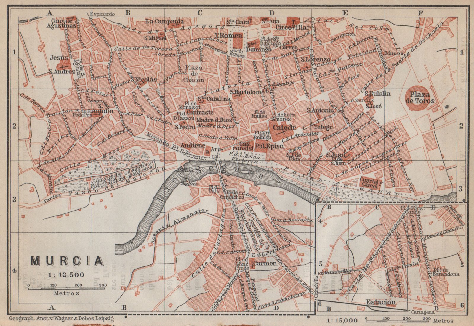 MURCIA antique town city ciudad plan. Spain España mapa. BAEDEKER 1913 old