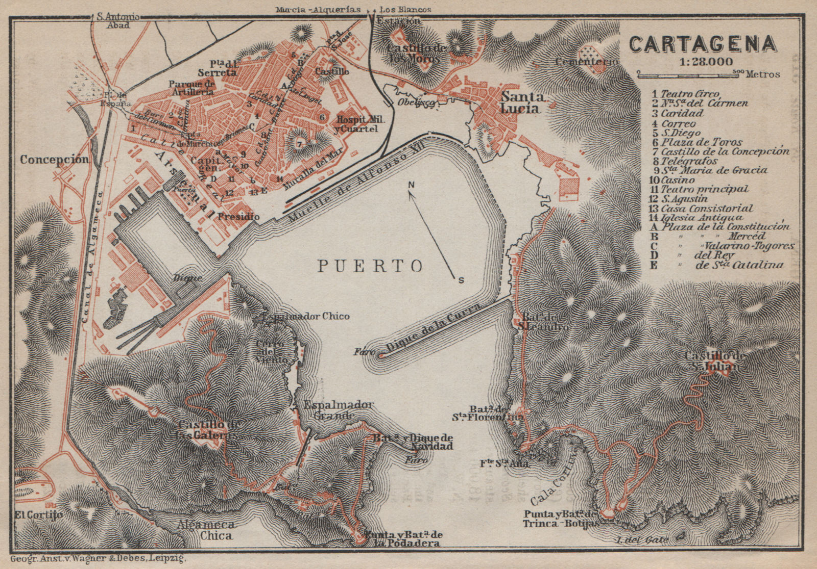 Spain España mapa SAGUNTO antique town city ciudad plan BAEDEKER 1913 