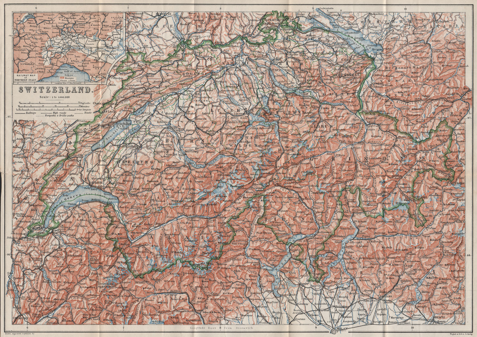 Associate Product Map of Switzerland Suisse Schweiz. Northern Italy railways carte karte 1889