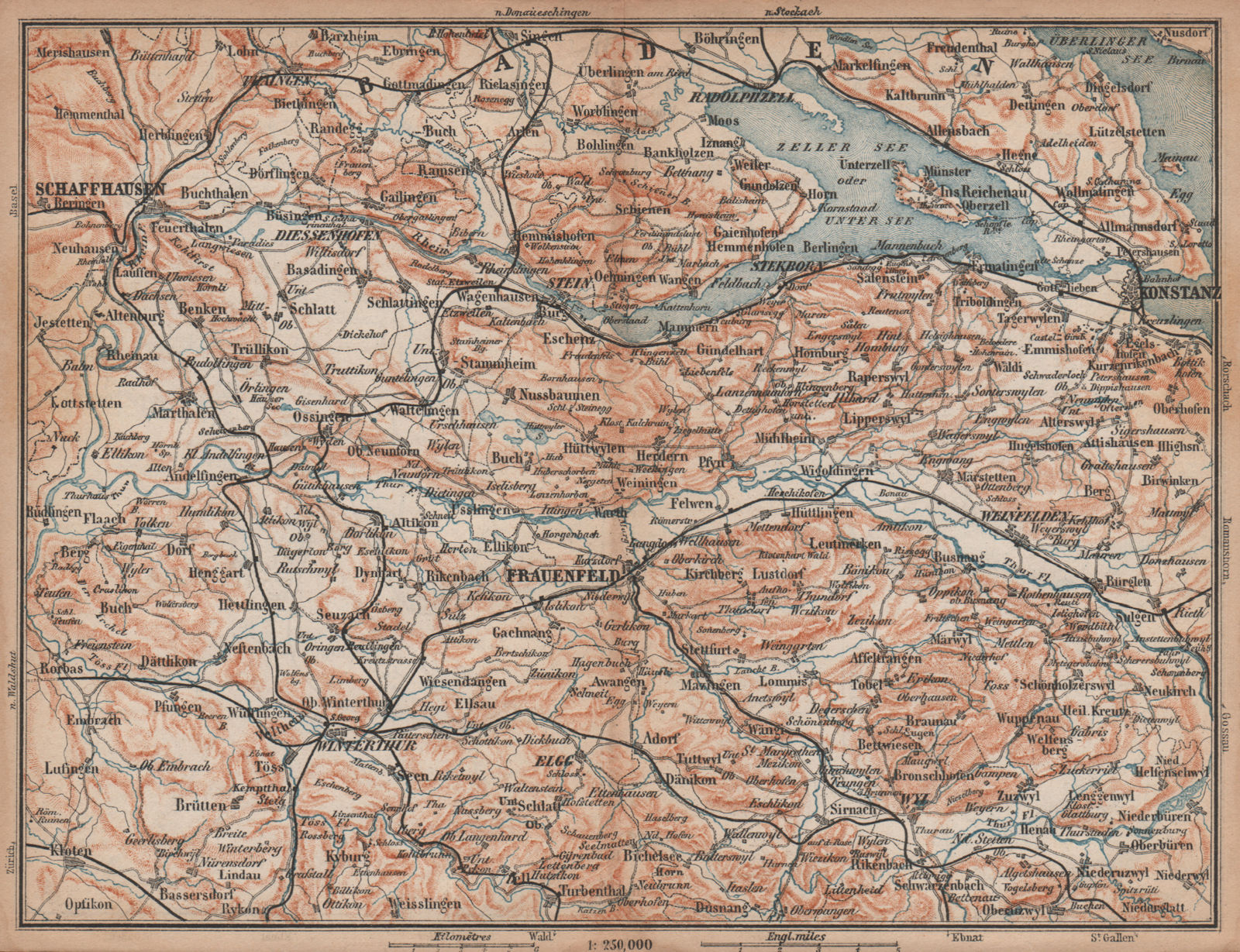 Associate Product SCHAFFHAUSEN to CONSTANCE. Konstanz Frauenfeld Zeller See Unter See 1893 map