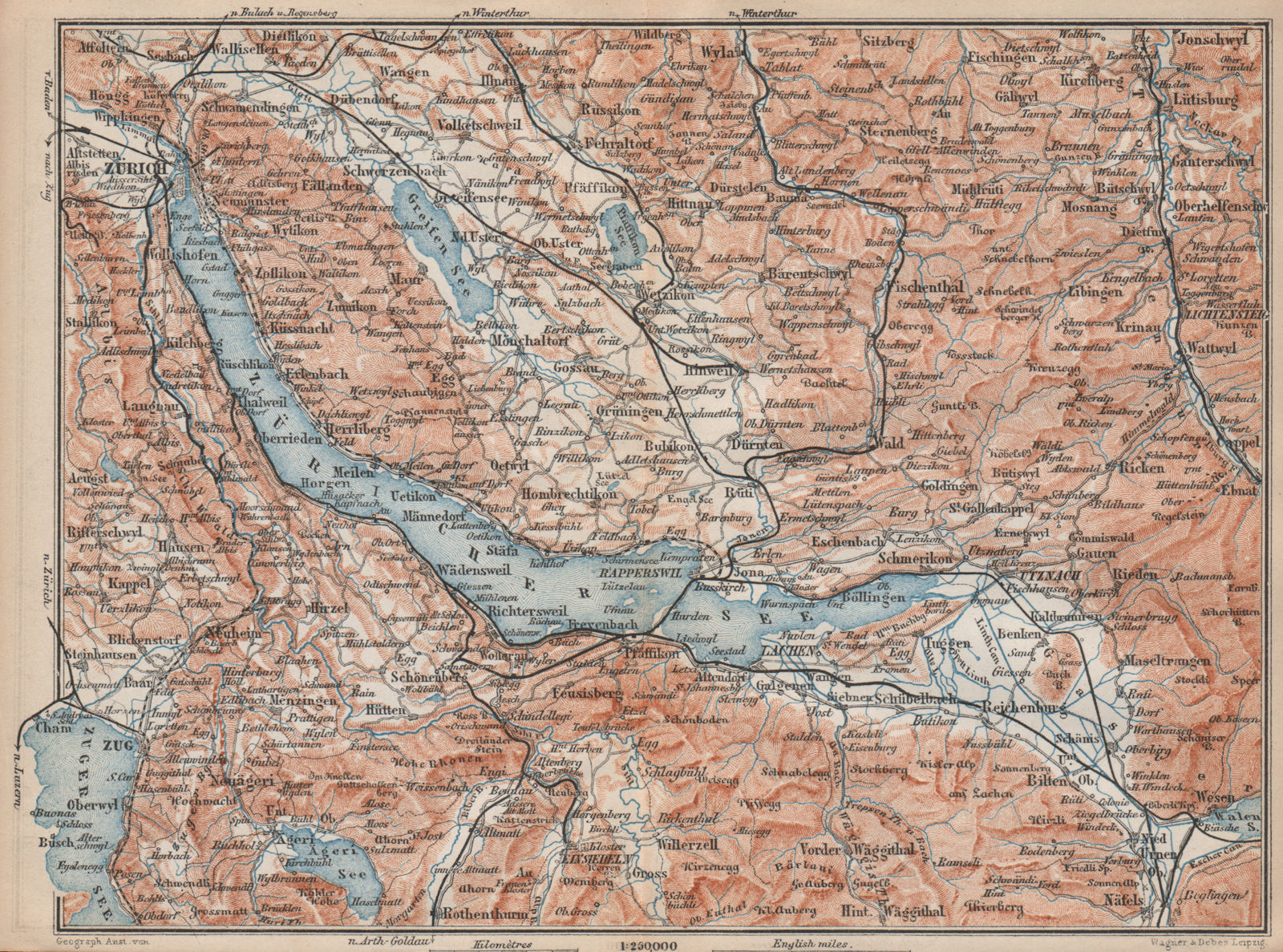 Associate Product LAKE ZÜRICH. Zuricher See Lachen Utznach.Topo-map. Switzerland Schweiz 1893