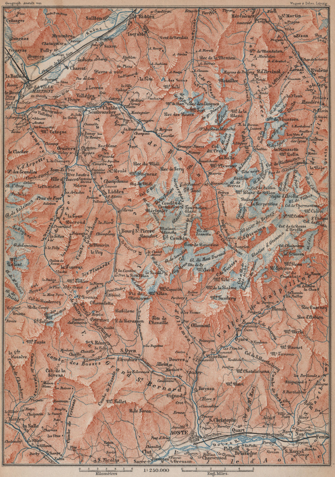Associate Product GRAND ST BERNARD AREA. Martigny-Aosta. Verbier Liddes Valais Topo-map 1893