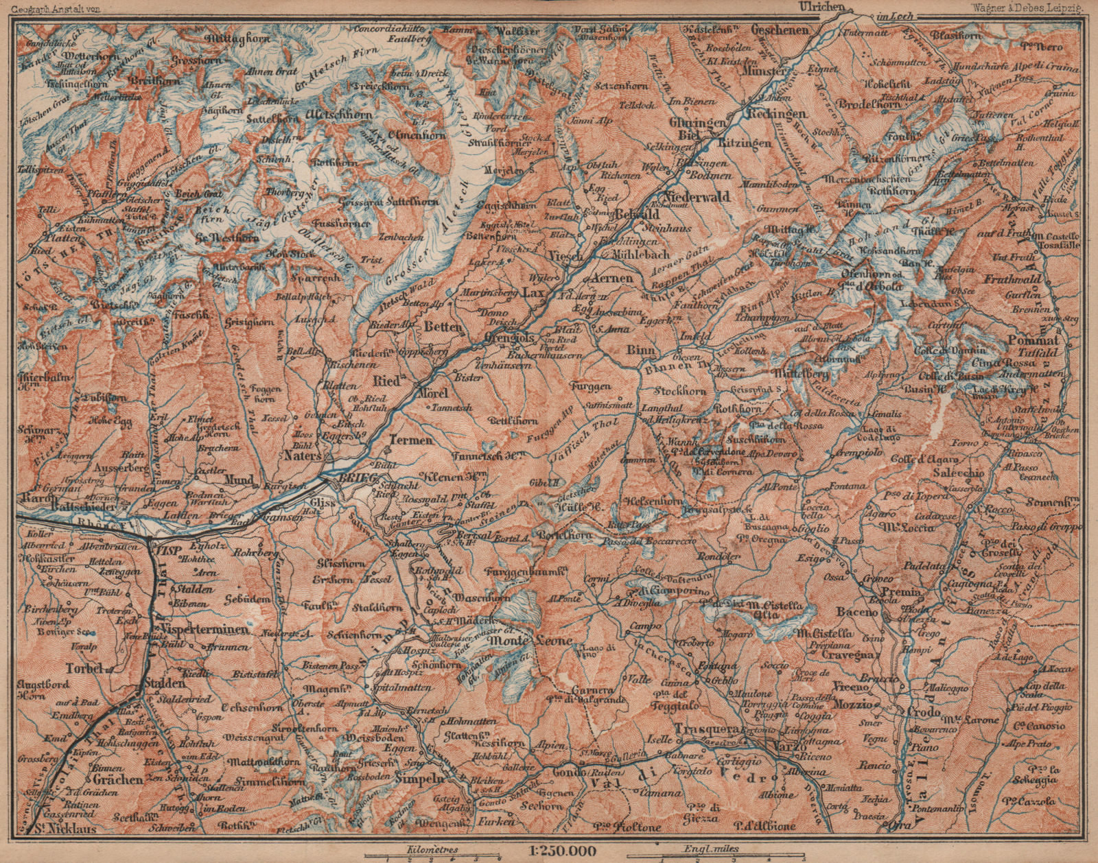 Associate Product UPPER VALAIS. Grächen Aletschhorn Ofenhorn Brieg Niederwald Ried Rhone 1893 map