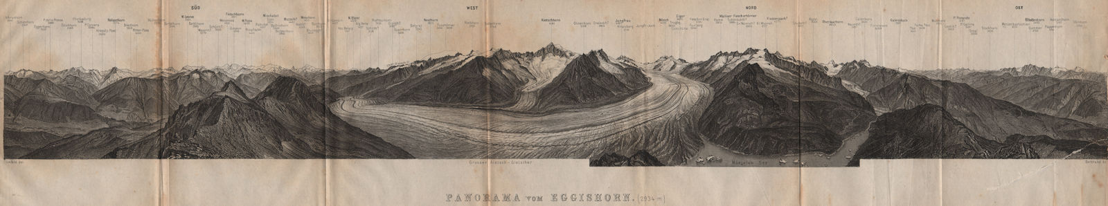EGGISHORN PANORAMA Aletschhorn Glacier Nesthorn Mont Blanc Leone Eiger 1893 map