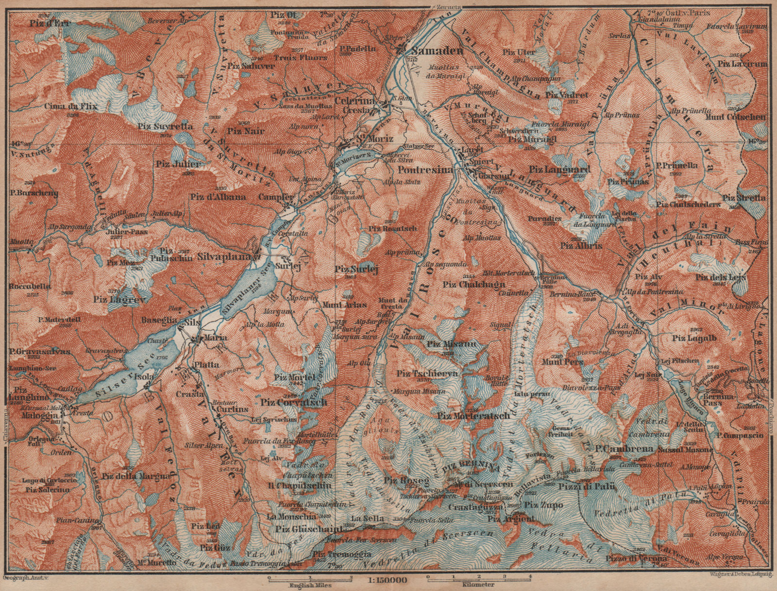 UPPER ENGADINE. St Moritz Celerina Pontresina Sils-Maria Bernina Range 1893 map